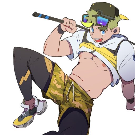 1boy arm_support backwards_hat blonde_hair blue_eyes doubutsu_no_mori fishing_rod freckles hat justin_(doubutsu_no_mori) legwear_under_shorts looking_at_viewer male_focus nipples pantyhose personification shirt_lift shoes short_sleeves shorts sitting smile sneakers solo thick_eyebrows vest vv404notfound yellow_shorts