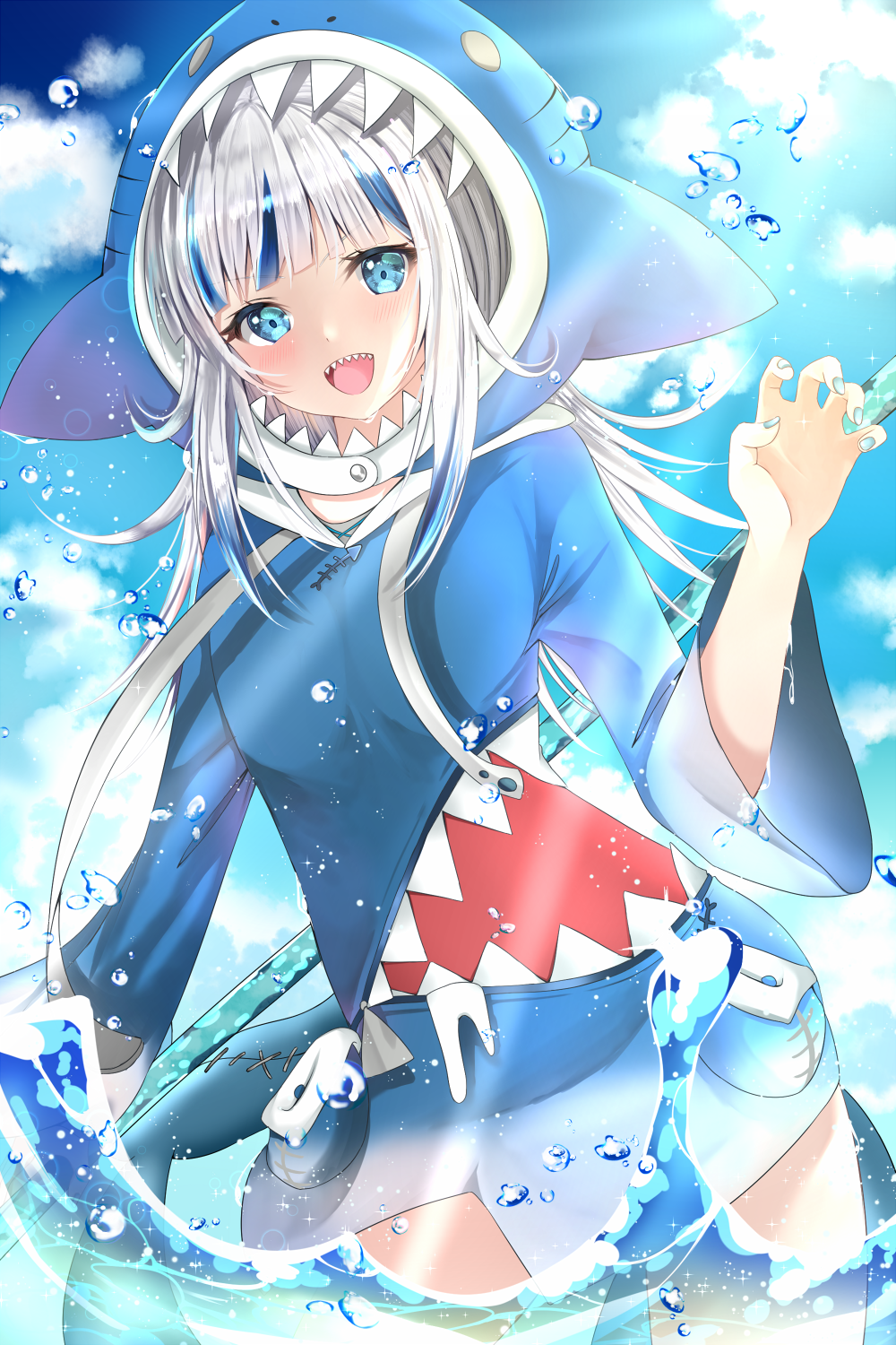 1girl :d animal_hood aqua_nails bangs blue_eyes blue_hair blue_hoodie blunt_bangs blush claw_pose eyebrows_visible_through_hair fingernails gawr_gura highres hololive hololive_english hood light_rays long_hair long_sleeves looking_at_viewer mintmia11 multicolored_hair nail_polish open_mouth pocket polearm shark_costume shark_girl shark_hood shark_print shark_tail sharp_teeth silver_hair smile solo streaked_hair summer sunlight tail teeth trident v-shaped_eyebrows virtual_youtuber wading water weapon wide_sleeves