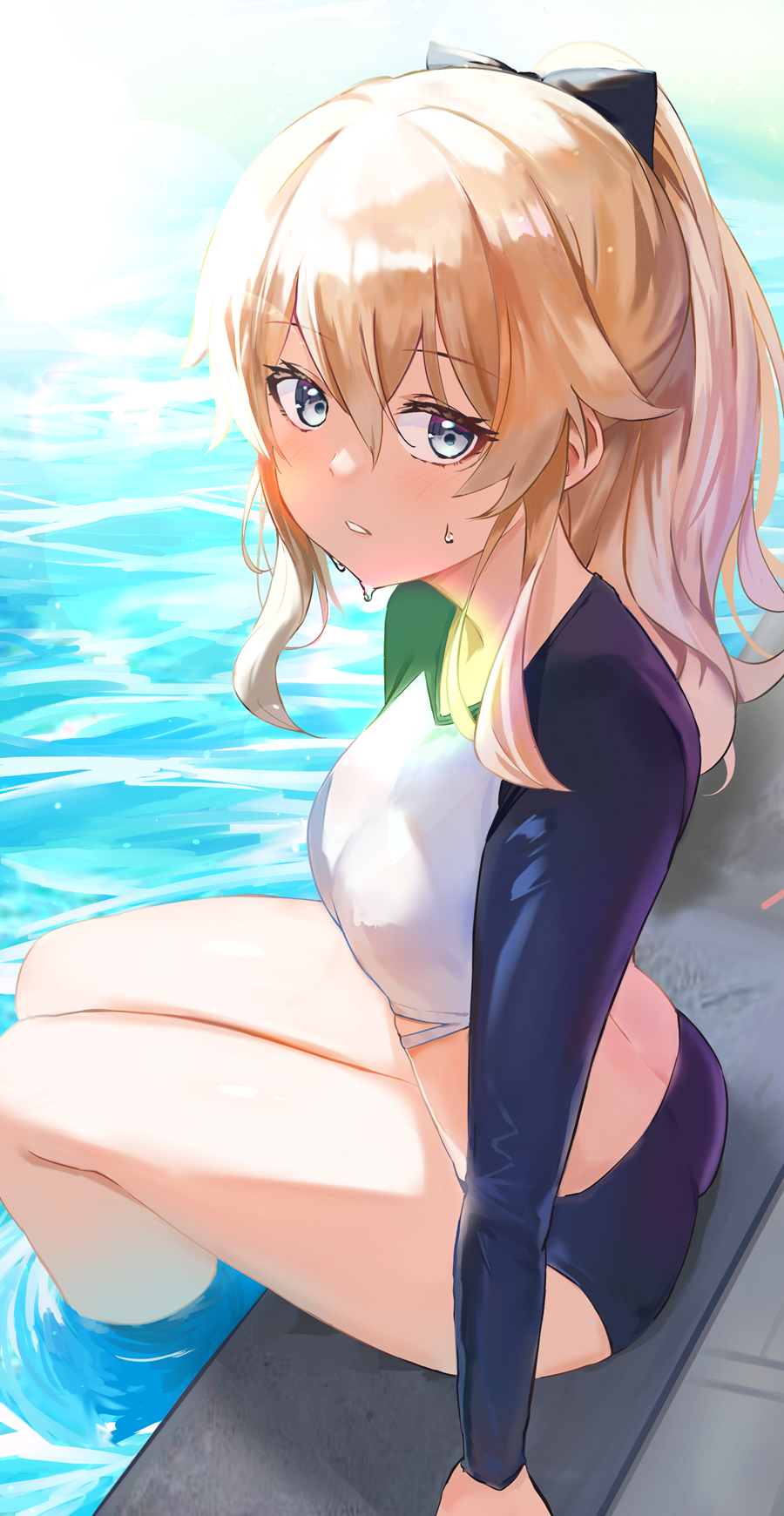 1girl ass bare_legs blonde_hair blue_eyes blush derby_(dabidabi) genshin_impact half-closed_eyes highres jean_gunnhildr long_sleeves looking_at_viewer one-piece_swimsuit open_mouth parted_lips partially_submerged ponytail sitting solo swimsuit water wet
