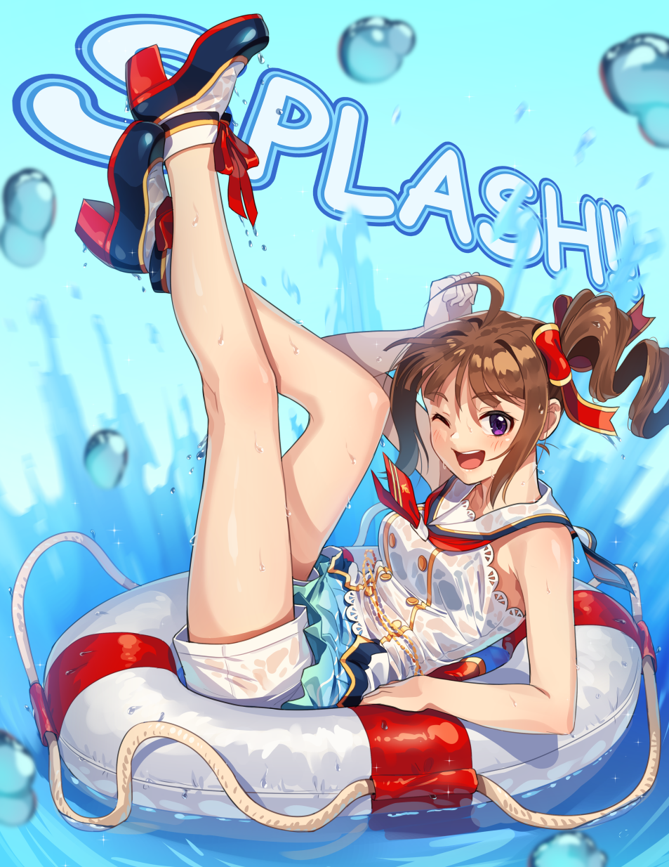 1girl ;d ahoge arm_up bangs black_footwear bow_legwear brown_hair commentary drill_hair droplet english_text eyebrows_visible_through_hair hair_ribbon high_heels highres idolmaster idolmaster_million_live! innertube kamille_(vcx68) lace-trimmed_shirt lace_trim legs_up looking_at_viewer lying neckerchief on_back one_eye_closed open_mouth red_neckwear red_ribbon ribbon sailor_collar see-through shirt short_hair short_shorts shorts side_drill side_ponytail sleeveless sleeveless_shirt smile socks solo splashing violet_eyes water wet white_legwear white_shirt white_shorts yokoyama_nao