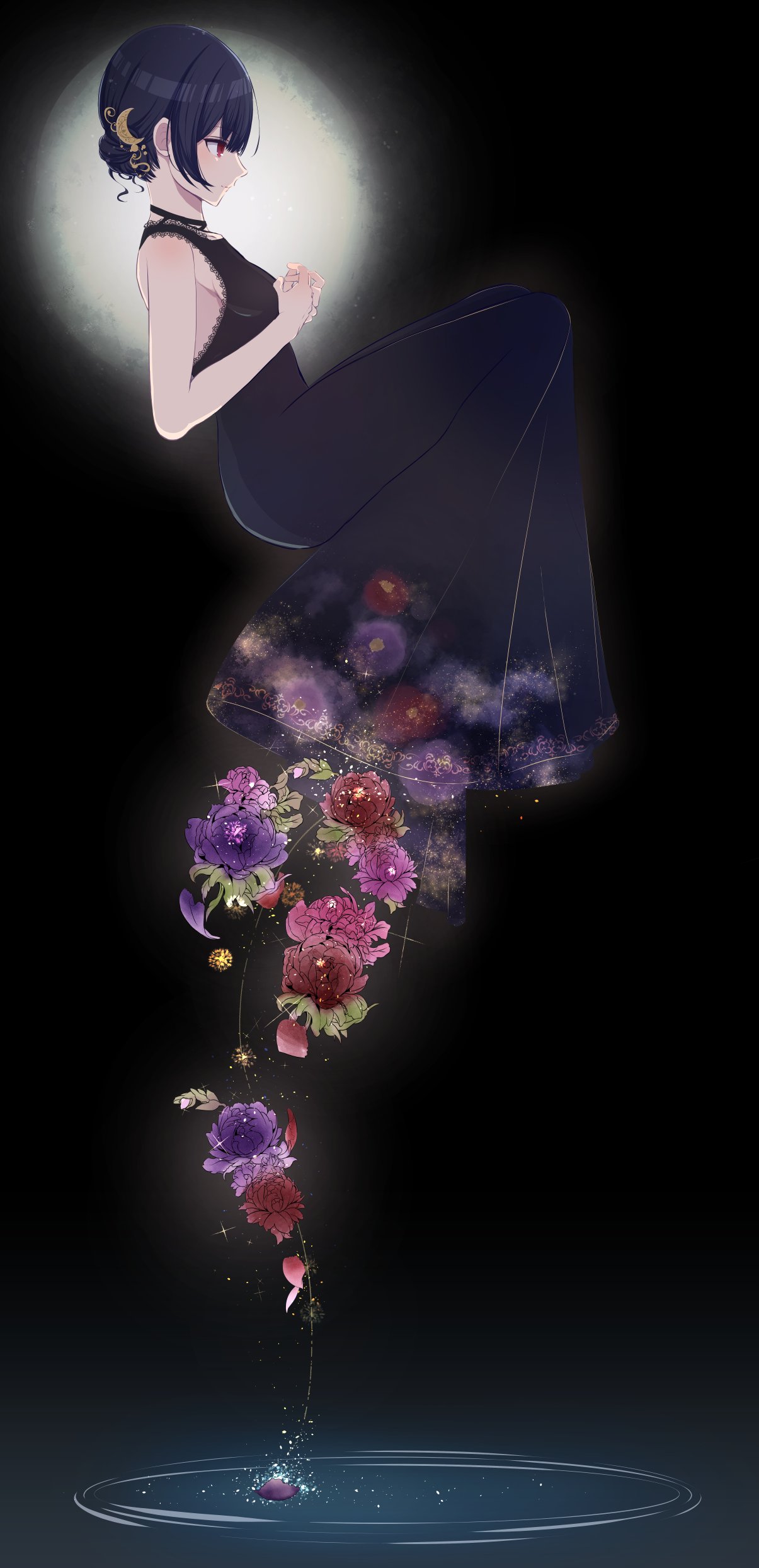 absurdres armpit_cutout backlighting black_background black_dress blue_hair choker clothing_cutout commentary dress floating flower full_body hair_ornament hair_up hands_clasped highres idolmaster idolmaster_shiny_colors moon_(ornament) morino_rinze own_hands_together petals petals_on_liquid profile red_eyes serious shimashi_(mori_no_sato) short_hair sidelocks simple_background sparkle water