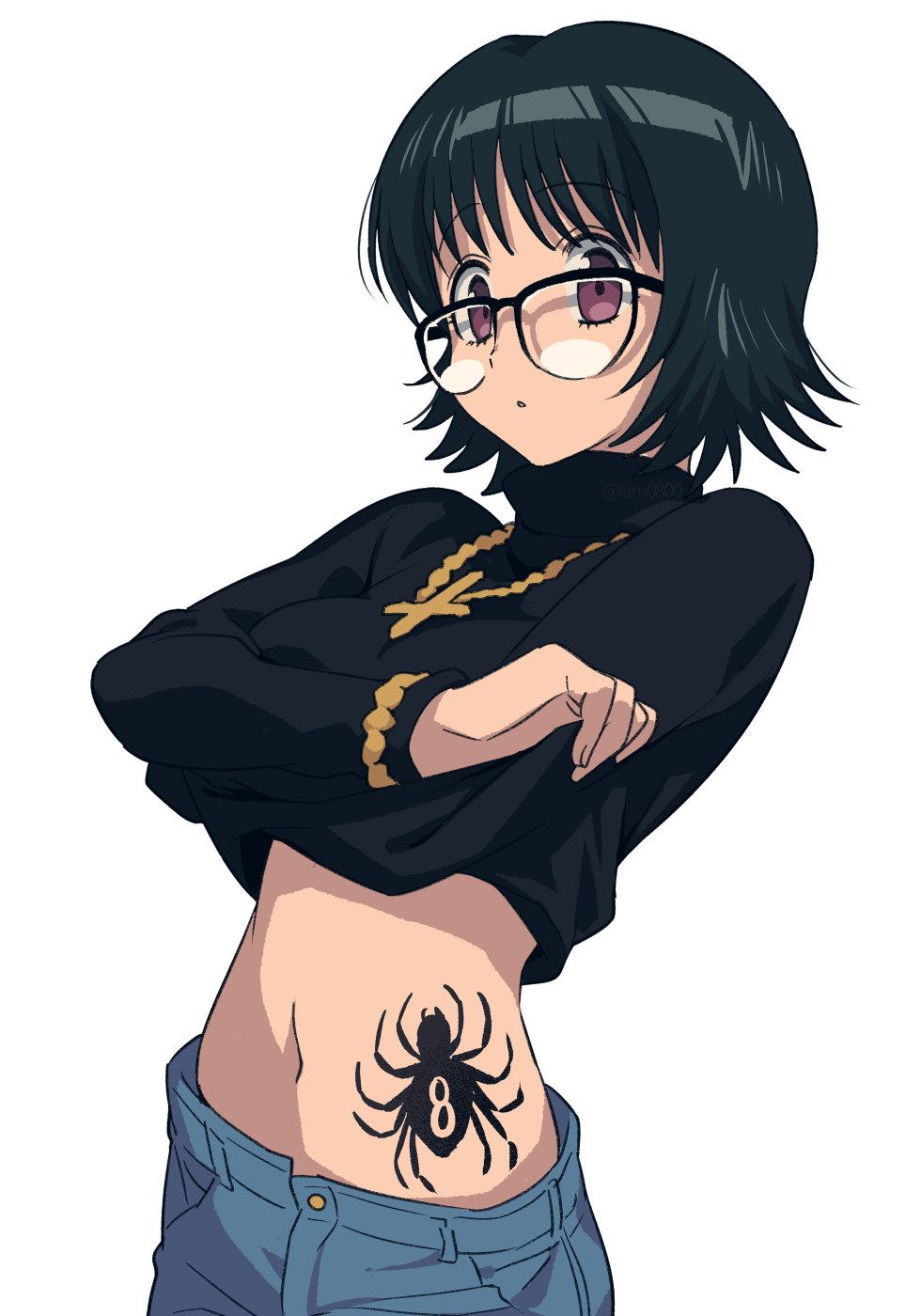 1girl bangs black-framed_eyewear black_hair bracelet breasts commentary cowboy_shot cross cross_necklace denim eyebrows_visible_through_hair glasses highres hunter_x_hunter inverted_cross jeans jewelry looking_to_the_side medium_breasts navel necklace pants sayshownen shizuku_(hunter_x_hunter) short_hair simple_background solo spider_tattoo stomach sweater tattoo turtleneck turtleneck_sweater twitter_username undressing violet_eyes watermark white_background