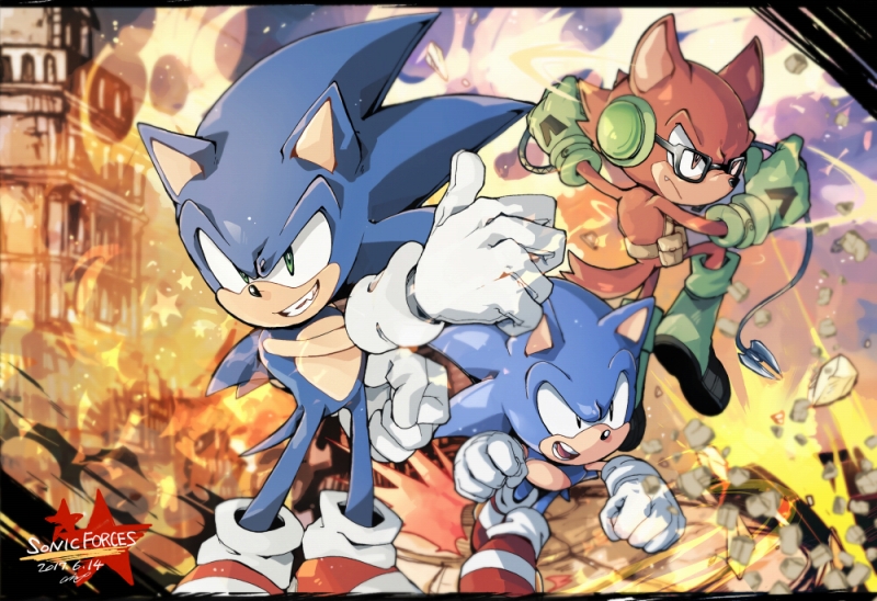 3boys aimf animal_ears avatar_(sonic_forces) black_eyes dated destruction fire furry gloves green_eyes green_footwear green_gloves male_focus multiple_boys multiple_persona red_footwear shoes sneakers sonic sonic_forces sonic_the_hedgehog white_gloves wolf_ears