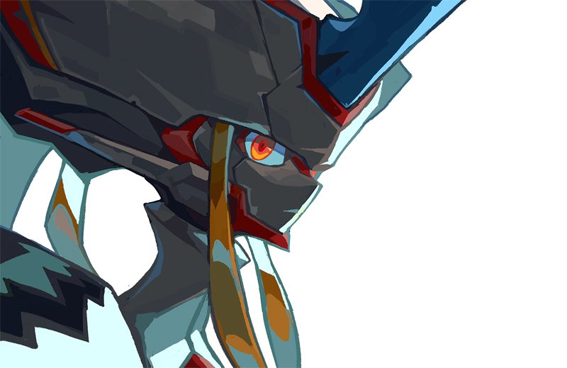 1girl closed_mouth darling_in_the_franxx horns looking_at_viewer mecha niking red_eyes simple_background single_horn solo strelizia white_background