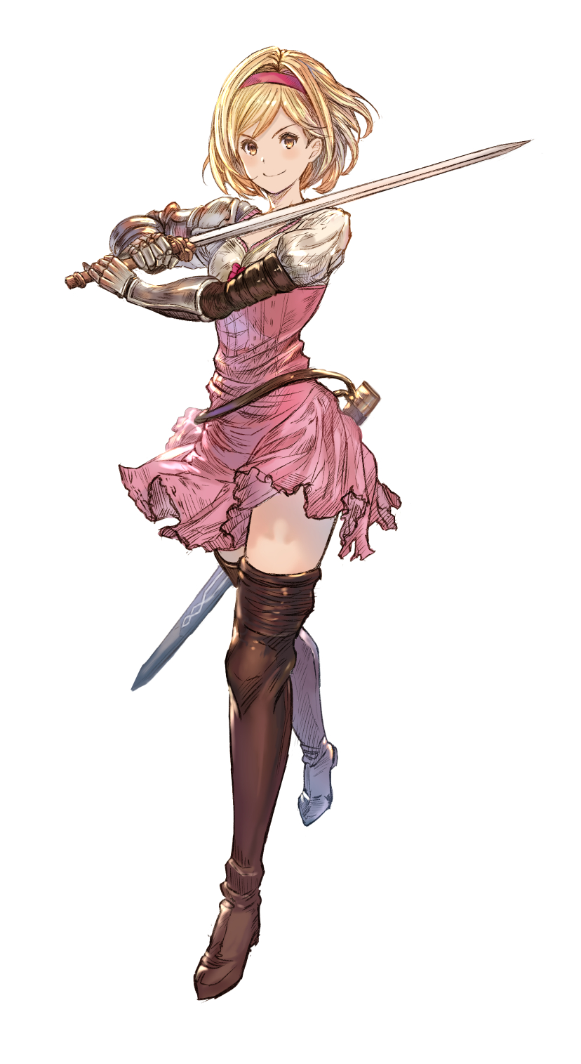 1girl bangs belt blonde_hair boots brown_eyes brown_footwear closed_mouth derivative_work djeeta_(granblue_fantasy) dress fighter_(granblue_fantasy) full_body gauntlets granblue_fantasy granblue_fantasy_versus hairband highres holding holding_sword holding_weapon kazeno looking_at_viewer pink_dress puffy_sleeves sheath shiny shiny_hair short_dress short_hair simple_background smile solo standing sword thigh-highs thigh_boots weapon white_background zettai_ryouiki