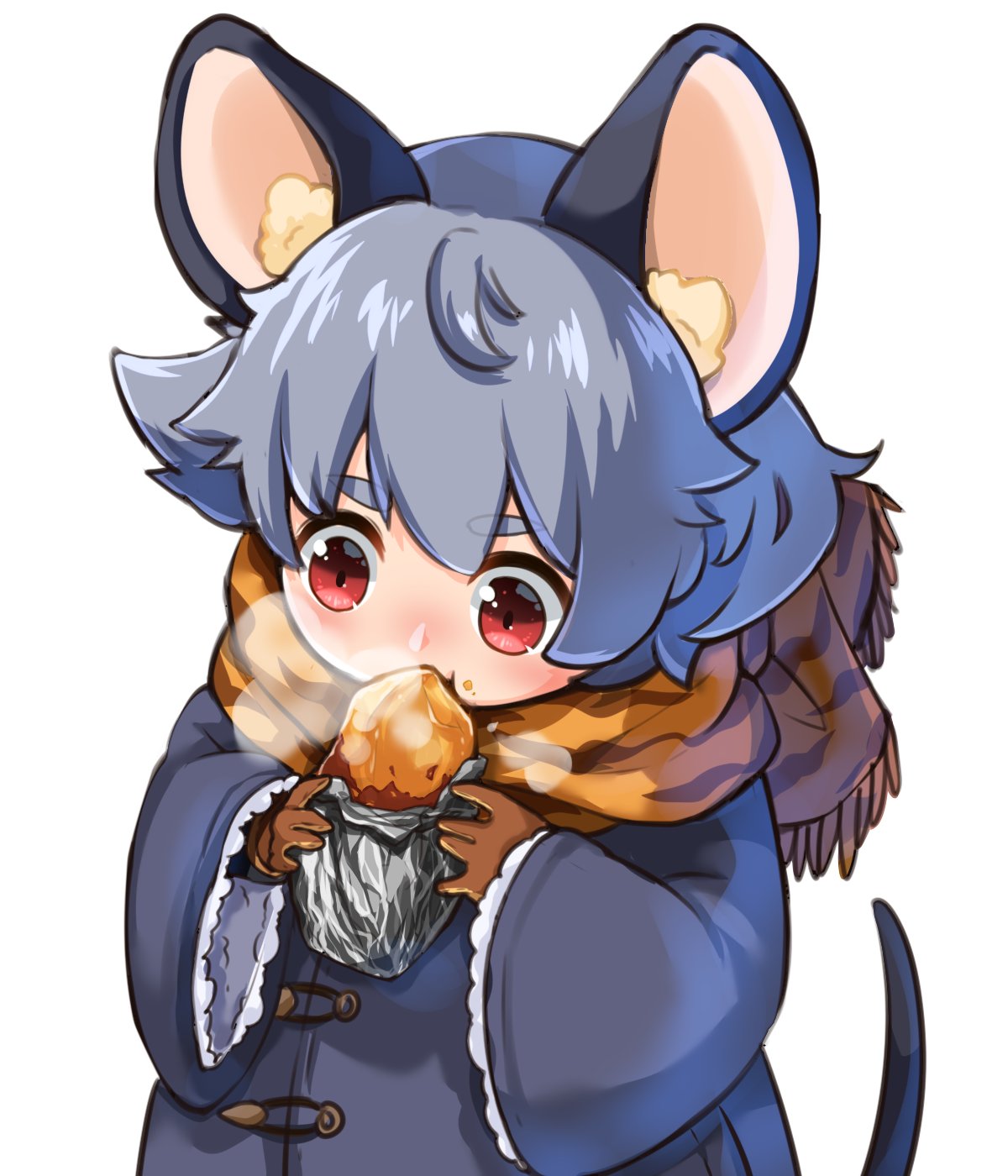 1girl alternate_costume animal_ears animal_print bangs blue_coat breath coat commentary_request eating eyebrows_visible_through_hair foil food food_on_face frilled_sleeves frills gloves grey_hair hair_between_eyes highres layered_clothing long_sleeves looking_at_object mouse_ears mouse_tail nazrin red_eyes scarf short_hair string sweet_potato tail take_no_ko_(4919400) tiger_print tiger_stripes touhou upper_body visible_air white_background wide_sleeves