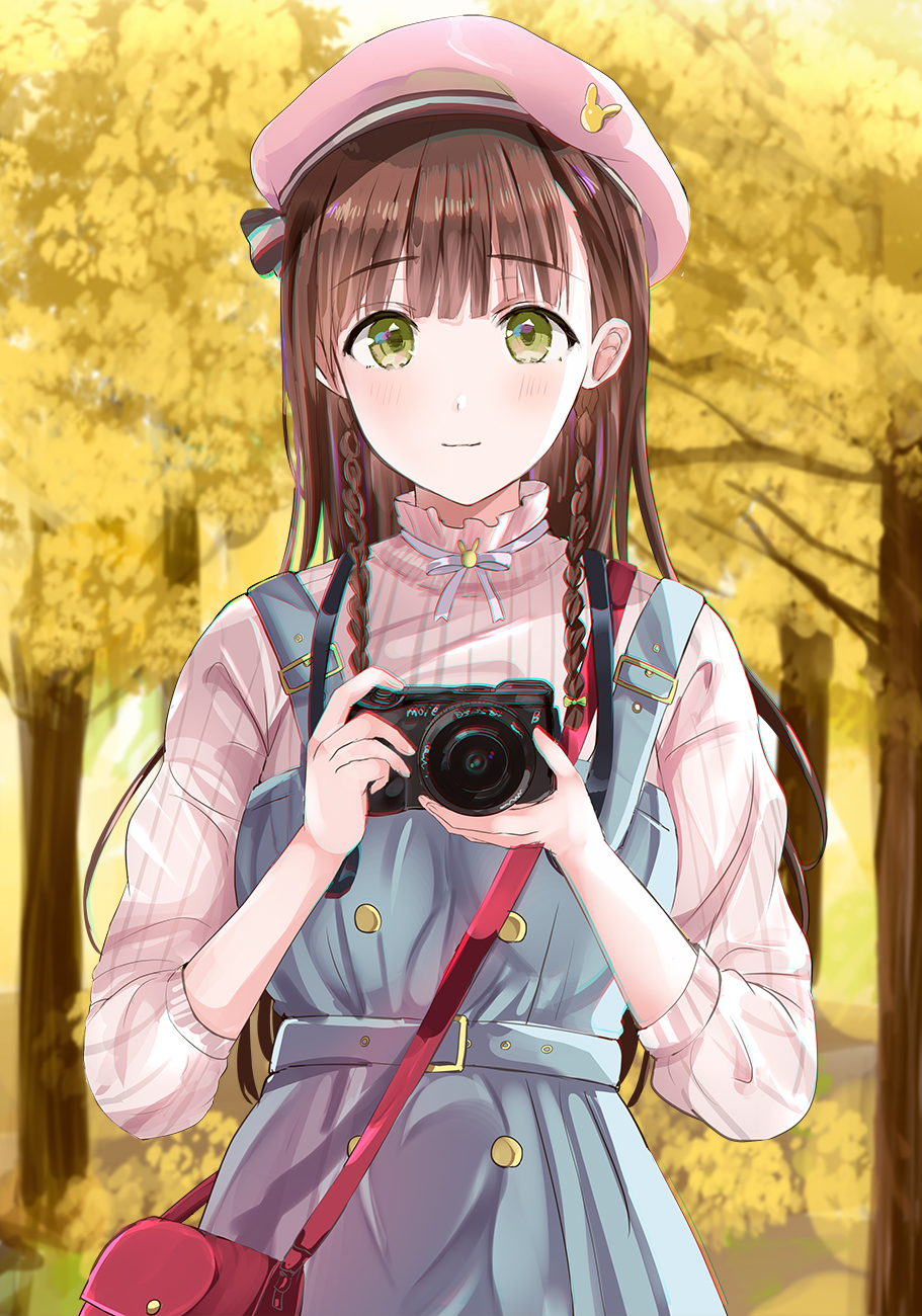 1girl autumn bag bangs beret blue_dress blush braid brown_hair camera closed_mouth commentary_request dress eyebrows_visible_through_hair ginkgo ginkgo_leaf green_eyes hands_up hat highres holding holding_camera long_hair long_sleeves looking_at_viewer morerin original pink_headwear shirt shoulder_bag side_braids sleeveless sleeveless_dress smile solo tree twin_braids very_long_hair white_shirt