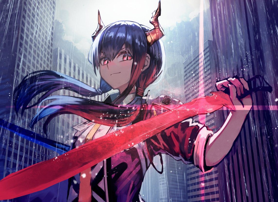 1girl arknights bangs blue_hair ch'en_(arknights) chi_xiao_(arknights) commentary dragon_horns gomashiwo_o hair_between_eyes holding holding_sword holding_weapon horns jacket left-handed long_hair looking_at_viewer open_clothes open_jacket red_eyes shirt short_sleeves sidelocks smile solo sword twintails upper_body weapon white_shirt