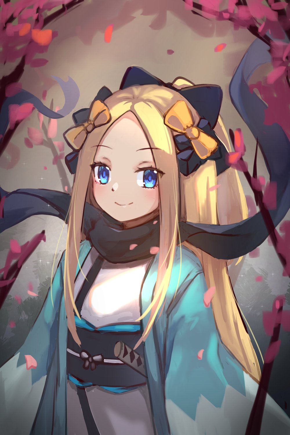 1girl abigail_williams_(fate/grand_order) bangs black_bow black_scarf blonde_hair blue_eyes bow closed_mouth commentary cosplay english_commentary eyebrows_visible_through_hair fate/grand_order fate_(series) hair_bow highres japanese_clothes kimono koha-ace long_hair looking_at_viewer miya_(miyaruta) obi okita_souji_(fate) okita_souji_(fate)_(all) okita_souji_(fate)_(cosplay) open_clothes orange_bow parted_bangs petals ponytail sash scarf smile solo very_long_hair white_kimono