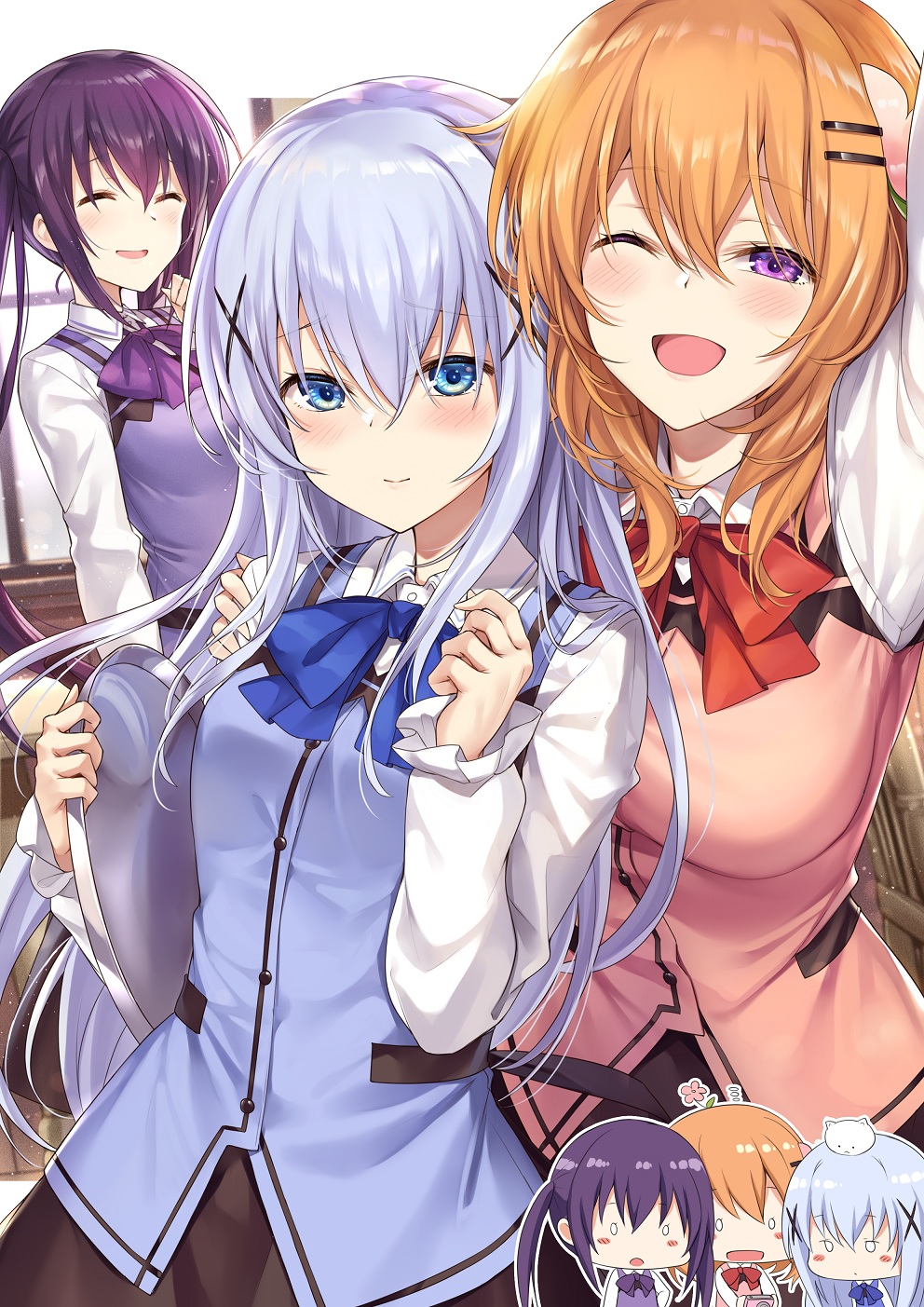 3girls ;d ^_^ arm_up bangs black_skirt blue_bow blue_eyes blue_neckwear blue_vest blush bow bowtie breasts chibi chibi_inset closed_eyes commentary gochuumon_wa_usagi_desu_ka? hair_between_eyes hair_ornament hairclip hand_on_another's_shoulder highres holding holding_tray hoto_cocoa indoors kafuu_chino ks_(xephyrks) large_breasts long_hair long_sleeves looking_at_viewer multiple_girls older one_eye_closed open_mouth pink_vest purple_bow purple_neckwear purple_vest rabbit_house_uniform red_bow red_neckwear shirt short_hair skirt small_breasts smile tedeza_rize tray twintails vest violet_eyes white_shirt x_hair_ornament
