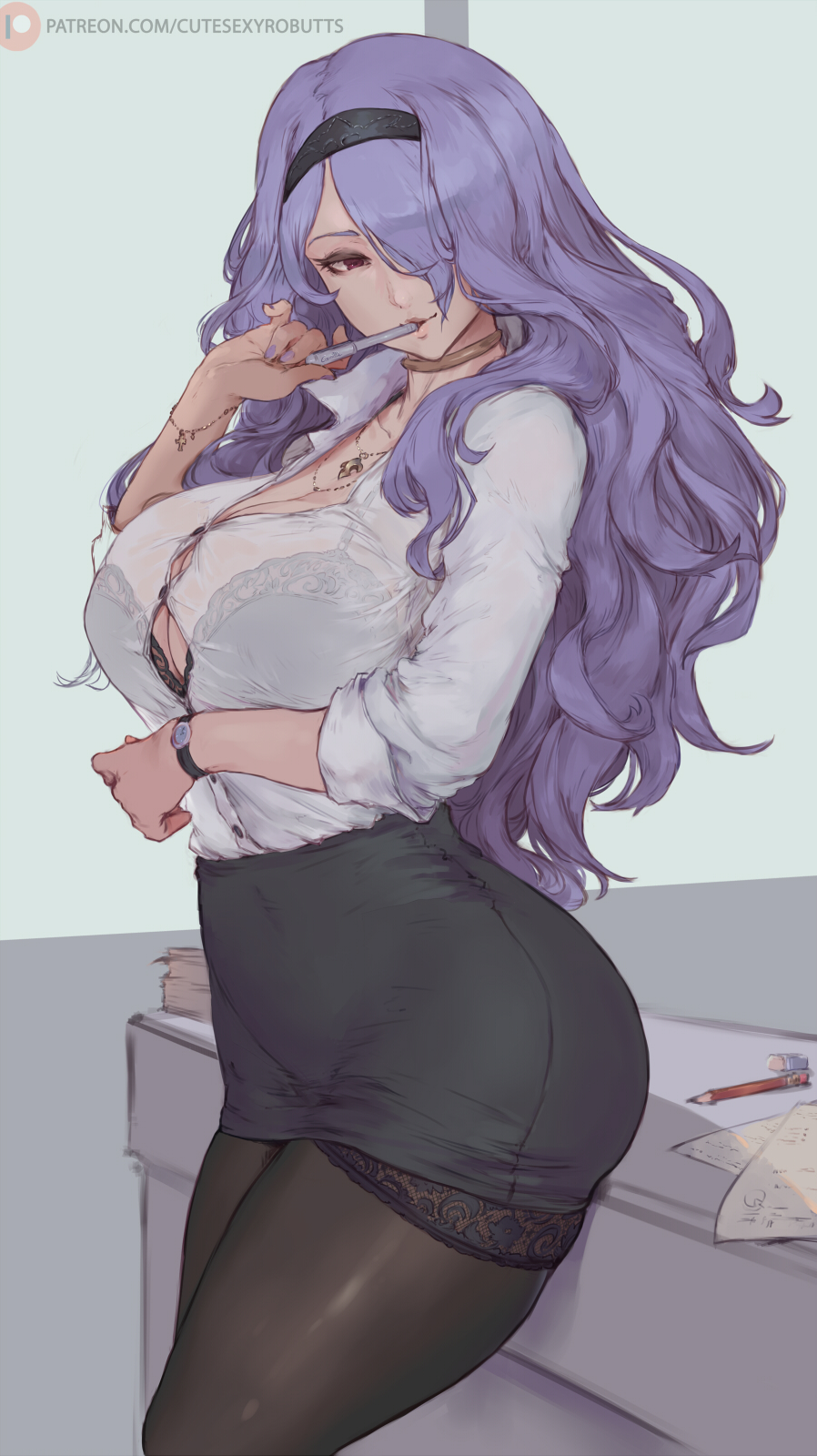 1girl black_bra black_hairband black_skirt bra breasts camilla_(fire_emblem) cutesexyrobutts fire_emblem fire_emblem_fates formal hair_over_one_eye hairband highres jewelry large_breasts light_smile long_hair mouth_hold necklace office_lady pantyhose pen purple_hair red_eyes see-through skirt smile solo thigh-highs underwear