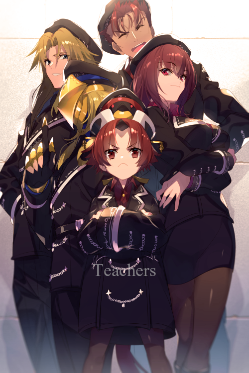 2girls 3boys avicebron_(fate) bangs benienma_(fate/grand_order) bird_hat black_headwear black_jacket black_skirt blonde_hair breasts chiron_(fate) cis05 closed_eyes closed_mouth crossed_arms fate/apocrypha fate/grand_order fate_(series) grey_eyes index_finger_raised jacket large_breasts leonidas_(fate/grand_order) light_brown_hair long_hair long_sleeves looking_at_viewer mask multiple_boys multiple_girls open_mouth pantyhose parted_bangs ponytail purple_hair red_eyes redhead scathach_(fate)_(all) scathach_(fate/grand_order) short_hair skirt smile thighs very_long_hair