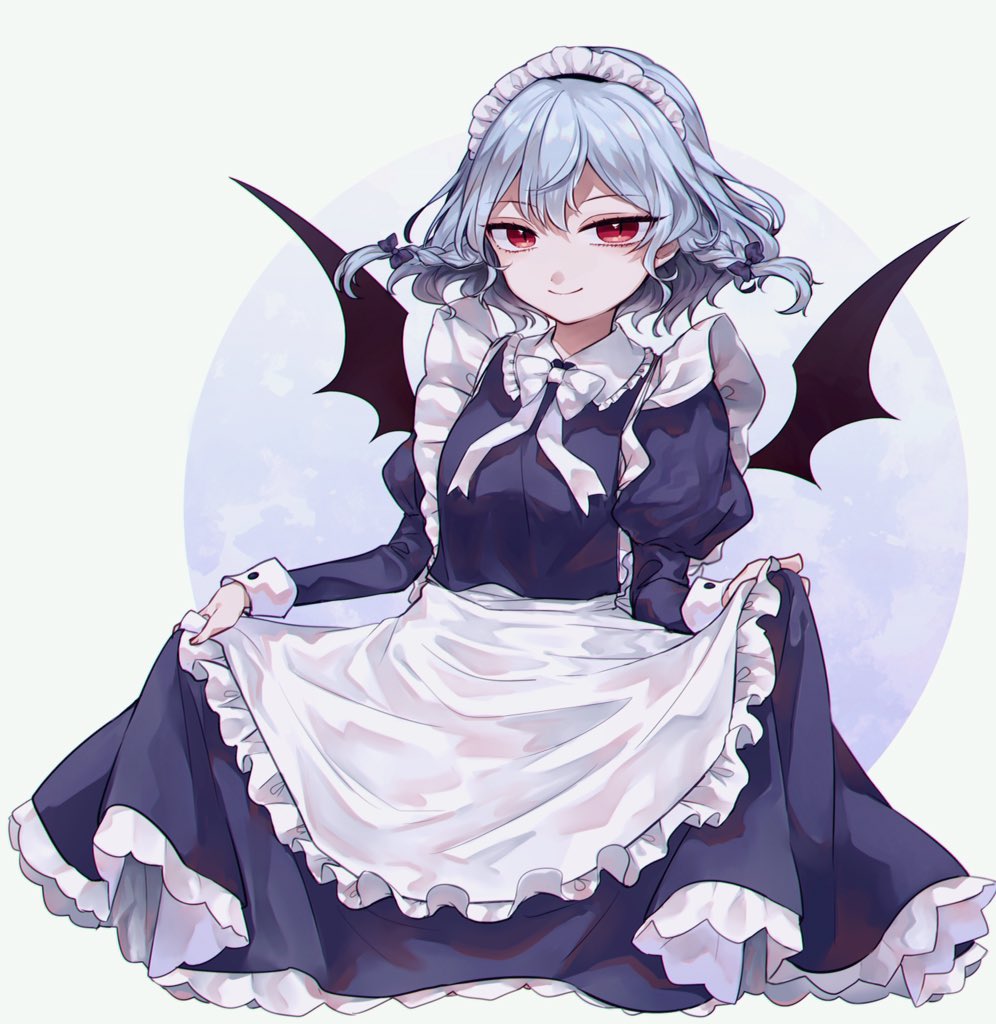 1girl apron blue_bow blue_dress blue_hair bow bowtie braid commentary_request cosplay cropped_legs dress frilled_dress frills hair_bow izayoi_sakuya izayoi_sakuya_(cosplay) juliet_sleeves katai_(nekoneko0720) long_sleeves looking_at_viewer maid_day maid_headdress puffy_sleeves red_eyes remilia_scarlet short_hair skirt_hold sleeve_cuffs smile solo touhou twin_braids upper_body waist_apron white_background white_neckwear