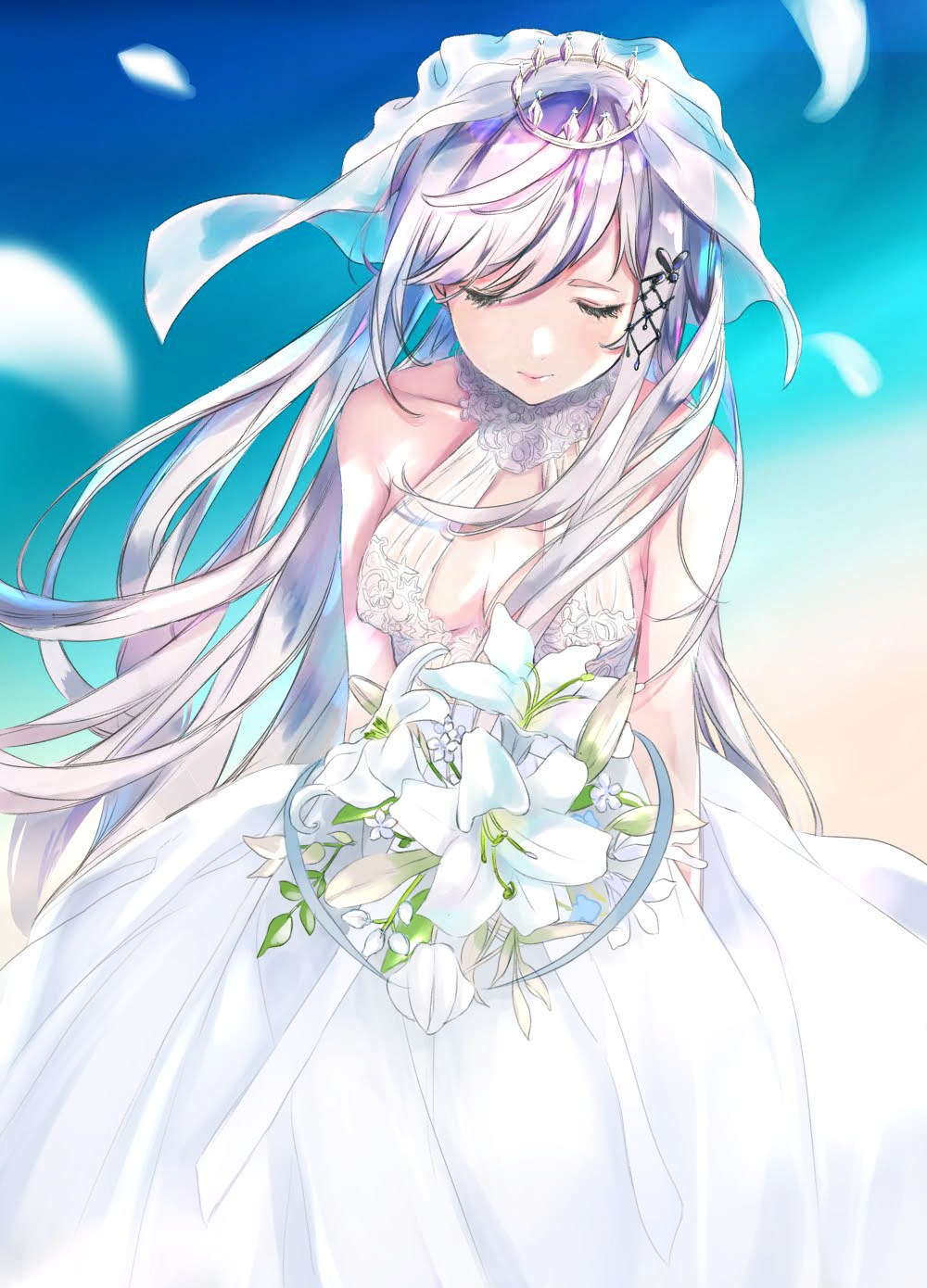 1girl azur_lane bare_shoulders bouquet breasts bridal_veil center_opening closed_eyes crown dress dunkerque_(azur_lane) flower grey_hair hair_ornament highres holding holding_bouquet long_dress medium_breasts petals sleeveless sleeveless_dress solo toto veil wedding_dress white_dress white_flower white_petals