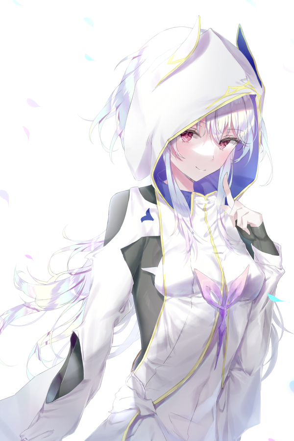 1girl bangs black_gloves breasts closed_mouth commentary_request eyebrows_visible_through_hair fate/grand_order_arcade fate/prototype fate_(series) fingerless_gloves gloves hair_between_eyes hand_up hood hood_up hooded_robe index_finger_raised long_hair looking_at_viewer merlin_(fate/prototype) petals qlakwnd red_eyes robe silver_hair simple_background small_breasts smile solo upper_body very_long_hair white_background white_robe