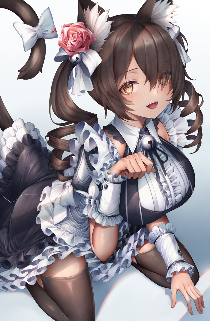 1girl :d animal_ear_fluff apron bangs bell blush bow breasts brown_hair cat_girl cat_tail destiny_child dress drill_hair flower frills hair_bell hair_flower hair_ornament hair_over_one_eye hair_ribbon kneeling large_breasts long_hair looking_at_viewer maid maid_apron maid_headdress open_mouth paw_pose pink_flower pink_rose puffy_short_sleeves puffy_sleeves ribbon rose short_sleeves smile snm_(sunimi) solo tail tail_bow thigh-highs twin_drills twintails wrist_cuffs