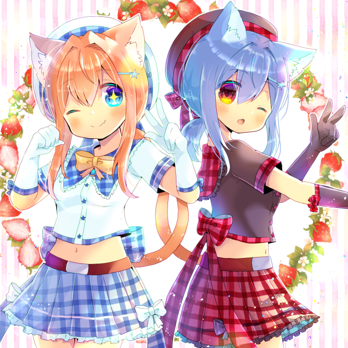 +_+ 2girls ;) ;o animal_ear_fluff animal_ears bangs beret black_gloves black_headwear black_shirt blue_eyes blue_hair blue_skirt blush borrowed_character bow breasts brown_hair cat_ears cat_girl cat_tail closed_mouth collared_shirt elbow_gloves eyebrows_visible_through_hair fang fang_out flower food frilled_shirt_collar frills fruit gloves hair_between_eyes hair_ornament hairclip hand_up hands_up hat kouu_hiyoyo long_hair looking_at_viewer low_ponytail multiple_girls one_eye_closed original parted_lips plaid plaid_bow plaid_skirt pleated_skirt ponytail purple_bow red_bow red_eyes red_skirt shirt short_sleeves sidelocks skirt small_breasts smile star_(symbol) star_hair_ornament strawberry striped striped_background tail tail_raised vertical_stripes w white_bow white_flower white_gloves white_headwear white_shirt yellow_bow