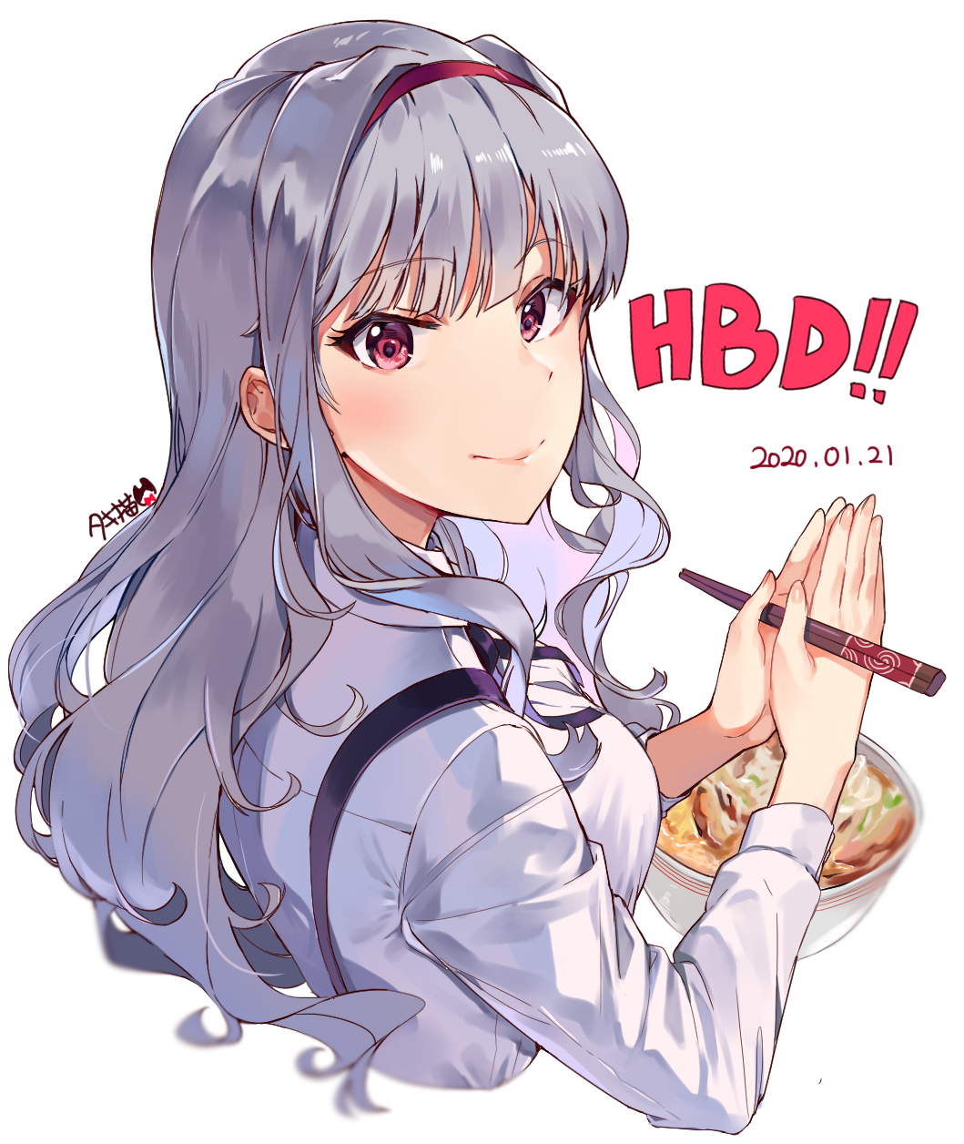 1girl bangs blurry blush chopsticks closed_mouth collared_shirt commentary cropped_torso dated depth_of_field eyebrows_visible_through_hair eyelashes fingernails food from_behind hairband hands_together happy_birthday highres holding holding_chopsticks idolmaster idolmaster_(classic) idolmaster_million_live! long_hair long_sleeves looking_at_viewer looking_back neck_ribbon noodles own_hands_together purple_hairband purple_neckwear ribbon shijou_takane shiny shiny_hair shirt sidelocks signature silver_hair simple_background smile solo suspenders tuxedo_de_cat wavy_hair white_background white_shirt wing_collar