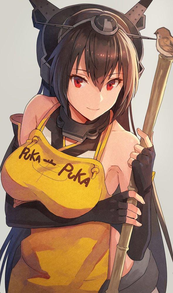 1girl apron arm_under_breasts bare_shoulders bird black_gloves black_hair breasts broom collarbone elbow_gloves fingerless_gloves from_above gloves grey_background headgear kantai_collection kasumi_(skchkko) large_breasts long_hair looking_at_viewer midriff nagato_(kantai_collection) puka_puka red_eyes simple_background smile solo white_background yellow_apron