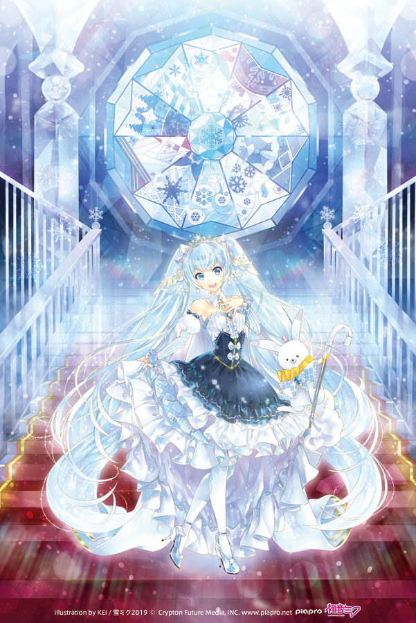 1girl 1other bangs bare_shoulders beamed_eighth_notes blue_dress breasts brooch cane cape detached_sleeves dress earrings eighth_note framed_breasts frilled_dress frilled_sleeves frills full_body glass_slipper gold_trim hair_ornament hand_on_own_chest hatsune_miku high_heels holding holding_cane hoop_skirt jewelry kei_(keigarou) layered_dress lens_flare light_blue_eyes light_blue_hair long_hair long_sleeves musical_note neck_ruff neckerchief official_art open_mouth plaid_neckwear princess puffy_detached_sleeves puffy_sleeves rabbit rabbit_yukine red_carpet skirt_hold sleeveless sleeveless_dress slippers small_breasts smile snowflake_hair_ornament snowflake_print snowflakes stained_glass stairs strapless strapless_dress striped_sleeves tiara twintails very_long_hair vocaloid white_legwear yuki_miku yuki_miku_(2019)