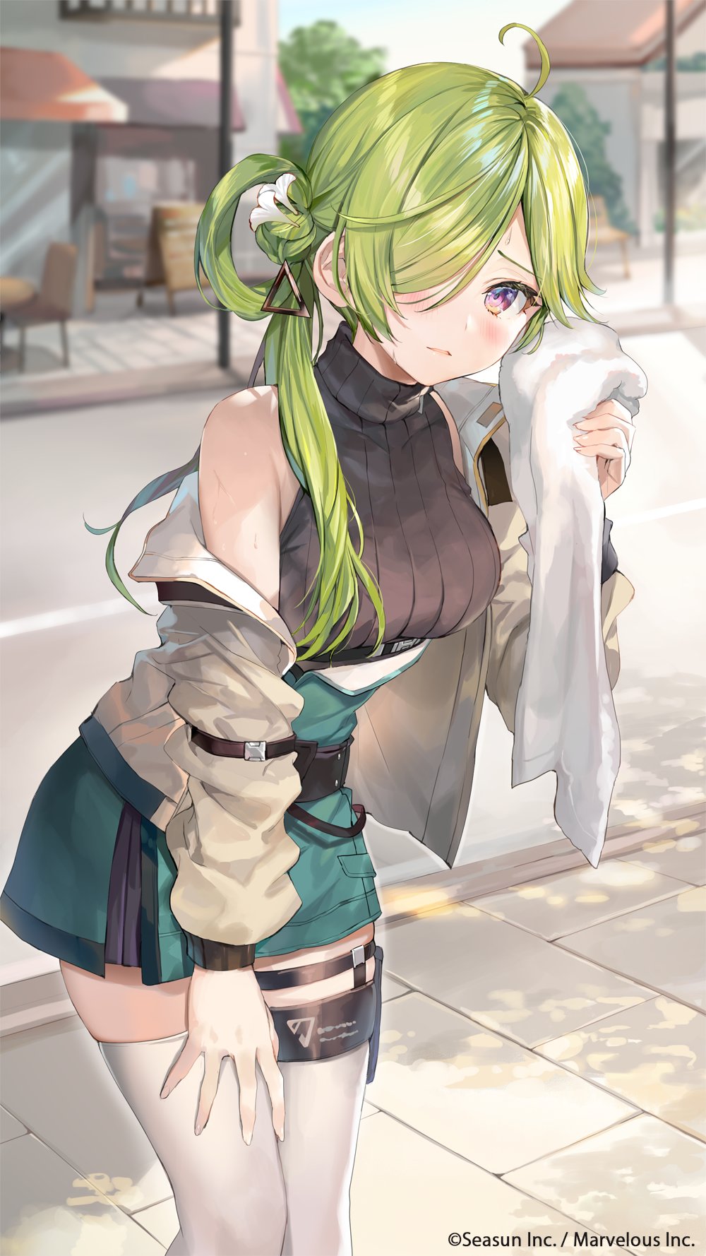 1girl ahoge bare_shoulders black_sweater day girl_cafe_gun green_hair green_skirt grey_jacket hair_over_one_eye hair_rings hand_on_own_thigh high-waist_skirt highres holding jacket long_hair long_sleeves looking_at_viewer miniskirt momoko_(momopoco) nie_shirou_(girl_cafe_gun) off_shoulder official_art open_clothes open_jacket outdoors parted_lips ribbed_sweater road skirt sleeveless sleeveless_sweater sleeveless_turtleneck solo standing street sweat sweater thigh-highs towel turtleneck turtleneck_sweater violet_eyes white_legwear zettai_ryouiki