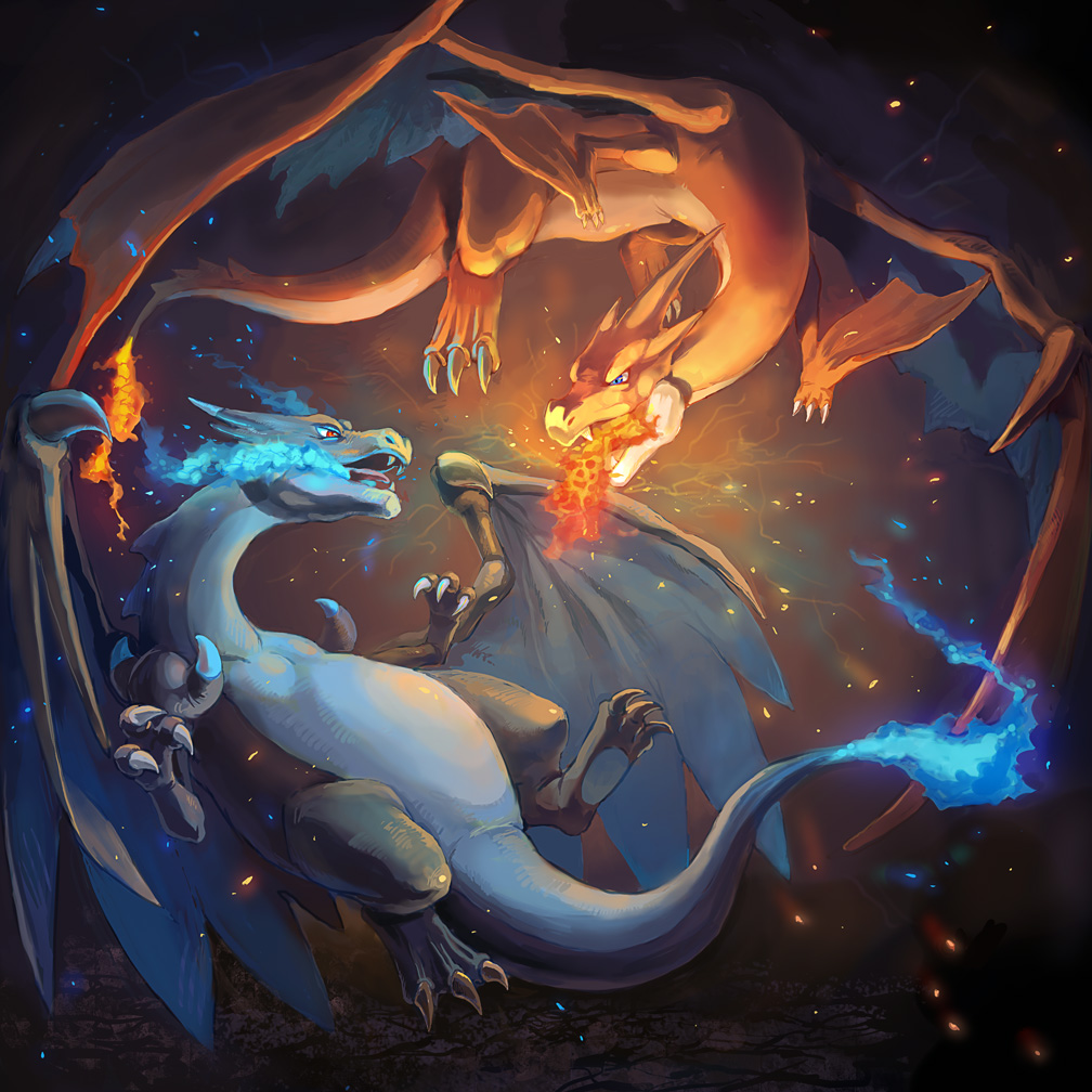 blue_eyes blue_fire breathing_fire charizard claws commentary_request dragon eye_contact fangs fire gen_1_pokemon looking_at_another mega_charizard_x mega_charizard_y mega_pokemon nagakura_(seven_walkers) no_humans open_mouth pokemon pokemon_(creature) red_eyes tongue