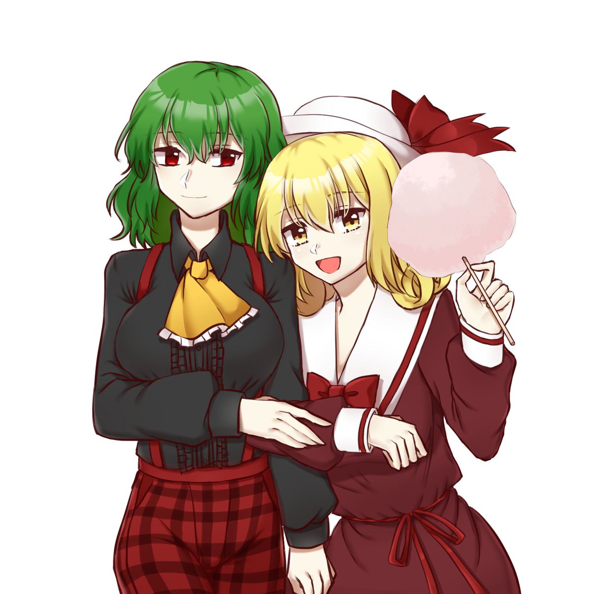 2girls artist_request ascot black_shirt blonde_hair bow collared_shirt cotton_candy cowboy_shot dress elly eyebrows_visible_through_hair frilled_neckwear green_hair hat hat_bow highres juliet_sleeves kazami_yuuka kazami_yuuka_(pc-98) long_sleeves multiple_girls pants plaid plaid_pants puffy_sleeves red_bow red_dress red_eyes red_pants sailor_collar shirt short_hair simple_background touhou touhou_(pc-98) white_background yellow_eyes yellow_neckwear