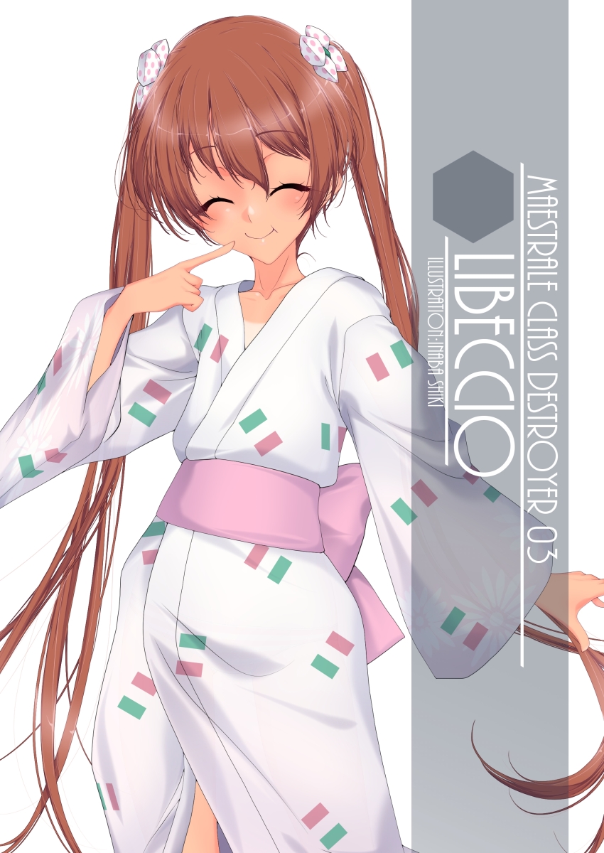 1girl artist_name bow brown_hair character_name closed_eyes collarbone commentary_request facing_viewer flag_print flat_chest hair_bow highres inaba_shiki italian_flag japanese_clothes kantai_collection kimono libeccio_(kantai_collection) long_hair polka_dot polka_dot_bow simple_background solo twintails white_background white_kimono yukata