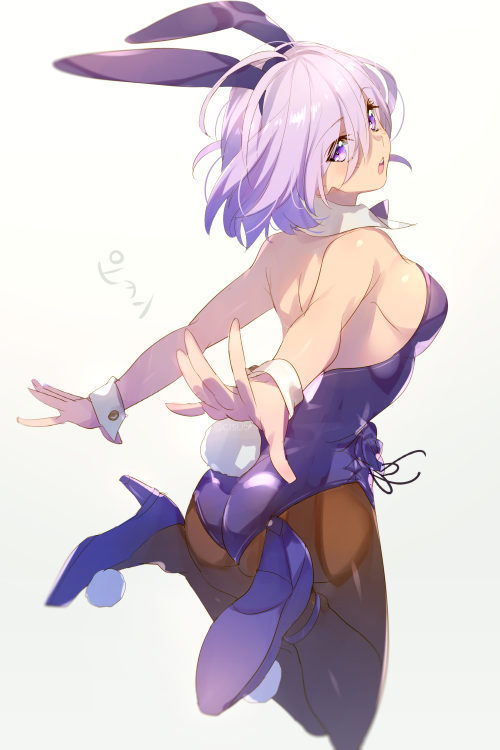 1girl animal_ears ass back bangs bare_shoulders breasts brown_legwear bunny_tail cis05 detached_collar fate/grand_order fate_(series) hair_over_one_eye highleg highleg_leotard jumping large_breasts legs leotard light_purple_hair looking_at_viewer looking_back mash_kyrielight open_mouth pantyhose playboy_bunny purple_leotard rabbit_ears short_hair sideboob simple_background tail violet_eyes white_background wrist_cuffs