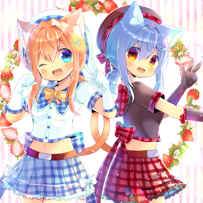 2girls :d ;d animal_ear_fluff animal_ears bangs beret black_gloves black_headwear black_shirt blue_eyes blue_hair blue_skirt blush borrowed_character bow breasts brown_hair cat_ears cat_girl cat_tail collared_shirt commentary_request elbow_gloves eyebrows_visible_through_hair fang flower food frilled_shirt_collar frills fruit gloves hair_between_eyes hair_ornament hairclip hand_up hands_up hat kouu_hiyoyo long_hair looking_at_viewer low_ponytail multiple_girls one_eye_closed open_mouth original plaid plaid_bow plaid_skirt pleated_skirt ponytail purple_bow red_bow red_eyes red_skirt shirt short_sleeves sidelocks skirt small_breasts smile star_(symbol) star_hair_ornament strawberry striped striped_background tail tail_raised vertical_stripes w white_bow white_flower white_gloves white_headwear white_shirt yellow_bow
