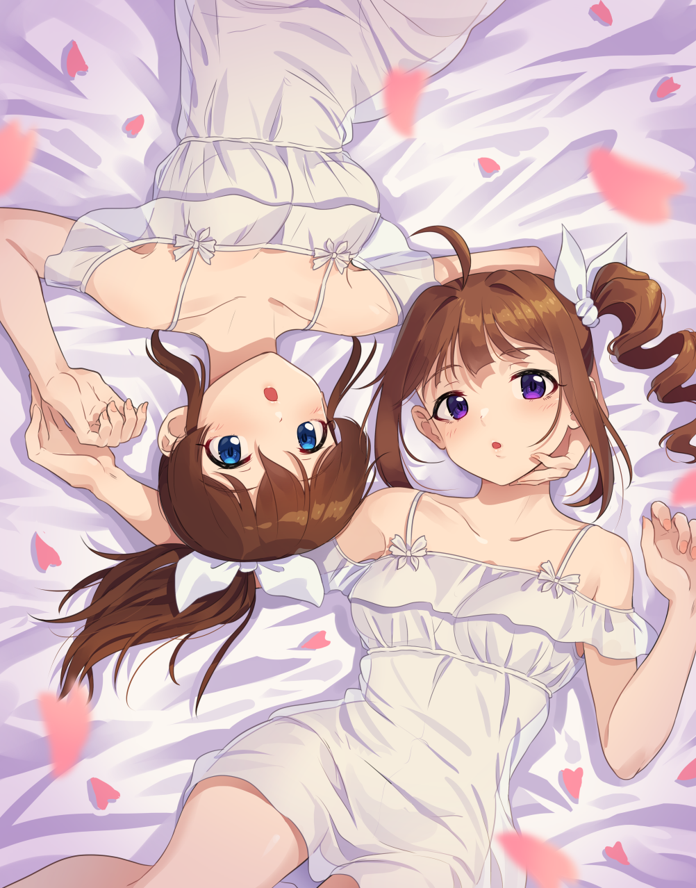 2girls :o ahoge bed_sheet blue_eyes blurry blurry_foreground brown_hair commentary depth_of_field dress drill_hair eyes from_above hair_ribbon hand_on_another's_face highres idolmaster idolmaster_million_live! kamille_(vcx68) light_blush looking_at_viewer lying medium_hair multiple_girls off-shoulder_dress off_shoulder on_back on_bed open_mouth parted_lips petals ponytail ribbon satake_minako short_dress short_hair side_drill side_ponytail sidelocks violet_eyes white_dress white_ribbon yokoyama_nao yuri