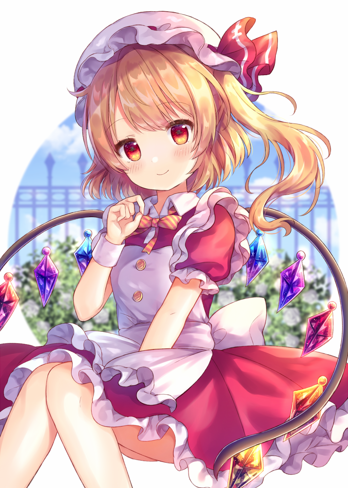 1girl apron bangs between_legs blonde_hair blurry blurry_background blush bow closed_mouth commentary_request crystal depth_of_field diagonal_stripes dress eyebrows_visible_through_hair flandre_scarlet frilled_apron frilled_dress frills hand_between_legs hand_up hat hat_ribbon mob_cap one_side_up pjrmhm_coa puffy_short_sleeves puffy_sleeves red_dress red_eyes red_ribbon ribbon short_sleeves smile solo striped striped_bow touhou white_apron white_headwear wings wrist_cuffs yellow_bow