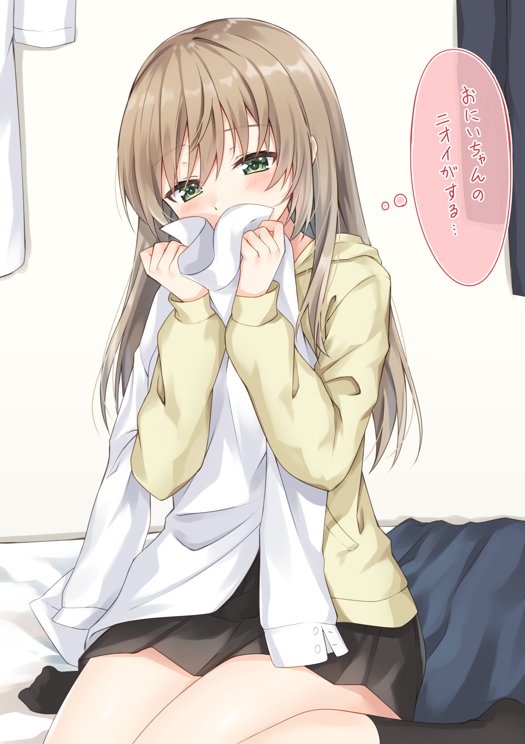 1girl bangs bed_sheet black_legwear black_skirt blush brown_hoodie clothes_sniffing commentary_request covered_mouth eyebrows_visible_through_hair green_eyes hair_between_eyes hands_up highres holding holding_clothes holding_shirt hood hood_down hoodie komori_kuzuyu long_hair long_sleeves no_shoes original pleated_skirt shirt sitting skirt sleeves_past_wrists smelling socks solo translation_request very_long_hair wariza white_shirt