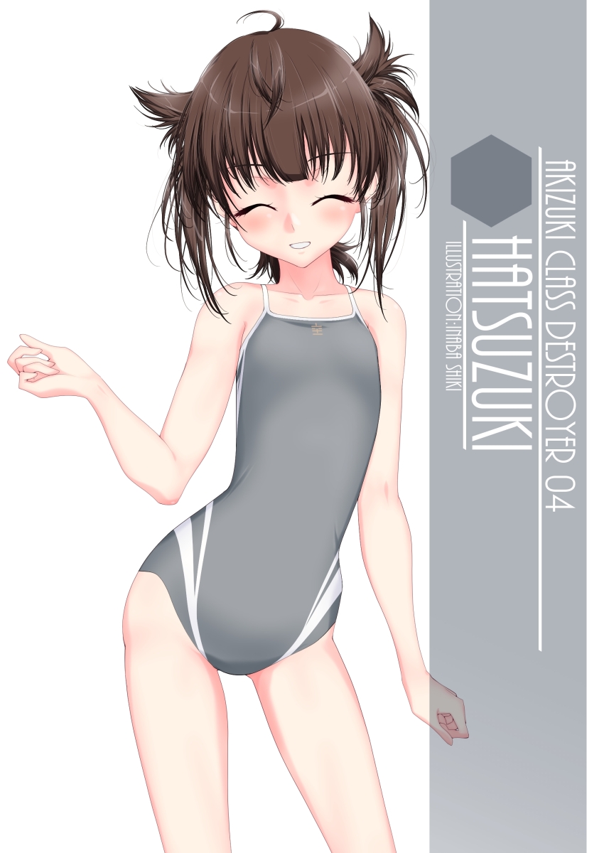 1girl ahoge artist_name brown_hair character_name closed_eyes commentary_request competition_school_swimsuit contrapposto cowboy_shot facing_viewer flat_chest grey_swimsuit hair_flaps hatsuzuki_(kantai_collection) highres inaba_shiki jacket kantai_collection parted_lips school_swimsuit short_hair simple_background solo standing swimsuit white_background