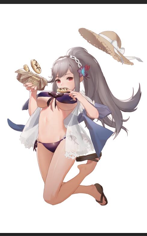 1girl artist_request azur_lane bikini blue_butterfly bow braid breasts butterfly_hair_ornament crown_braid doughnut dunkerque_(azur_lane) dunkerque_(summer_sucre)_(azur_lane) eating food front-tie_bikini front-tie_top full_body grey_hair hair_ornament hat hat_bow large_breasts purple_bikini red_eyes see-through simple_background straw_hat sun_hat swimsuit white_background white_bow