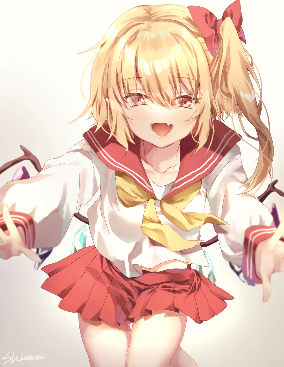 1girl arms_up bangs blonde_hair blush bow bowtie breasts collar collared_shirt crystal eyebrows_visible_through_hair eyes_visible_through_hair fang flandre_scarlet gradient gradient_background grey_background hair_between_eyes hair_bow hands_up highres jewelry long_sleeves looking_at_viewer medium_breasts miniskirt multicolored_wings no_hat no_headwear one_side_up open_mouth orange_eyes puffy_long_sleeves puffy_sleeves red_bow red_skirt school_uniform serafuku shiromoru_(yozakura_rety) shirt short_hair skirt smile solo standing touhou white_background white_shirt white_sleeves wings yellow_bow yellow_bowtie