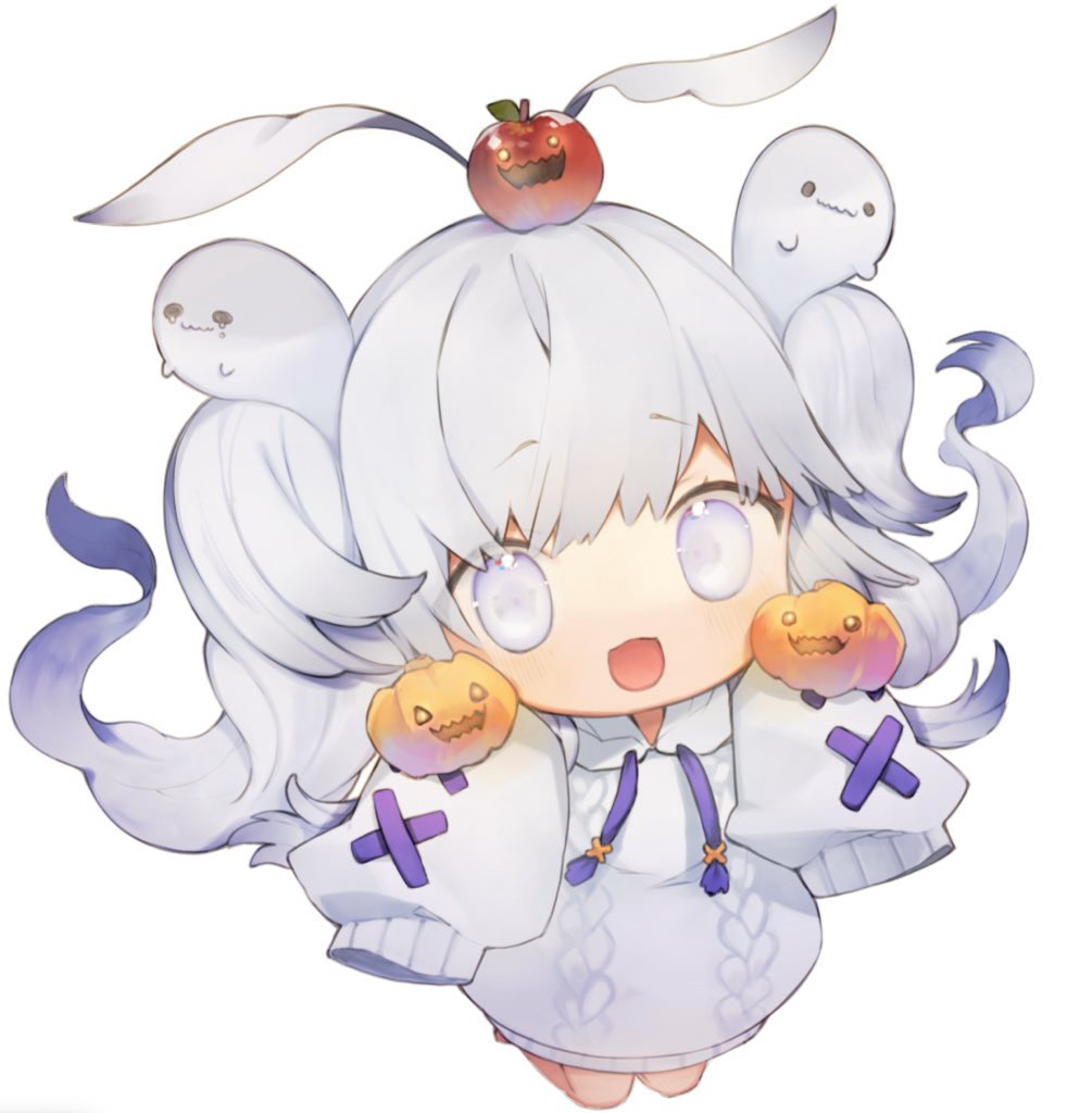 1girl apple blush chibi commentary eyebrows_visible_through_hair food fruit full_body ghost himehi holding jack-o'-lantern long_hair looking_at_viewer open_mouth original pumpkin simple_background smile solo sweater symbol_commentary tears very_long_sleeves white_background white_eyes white_hair