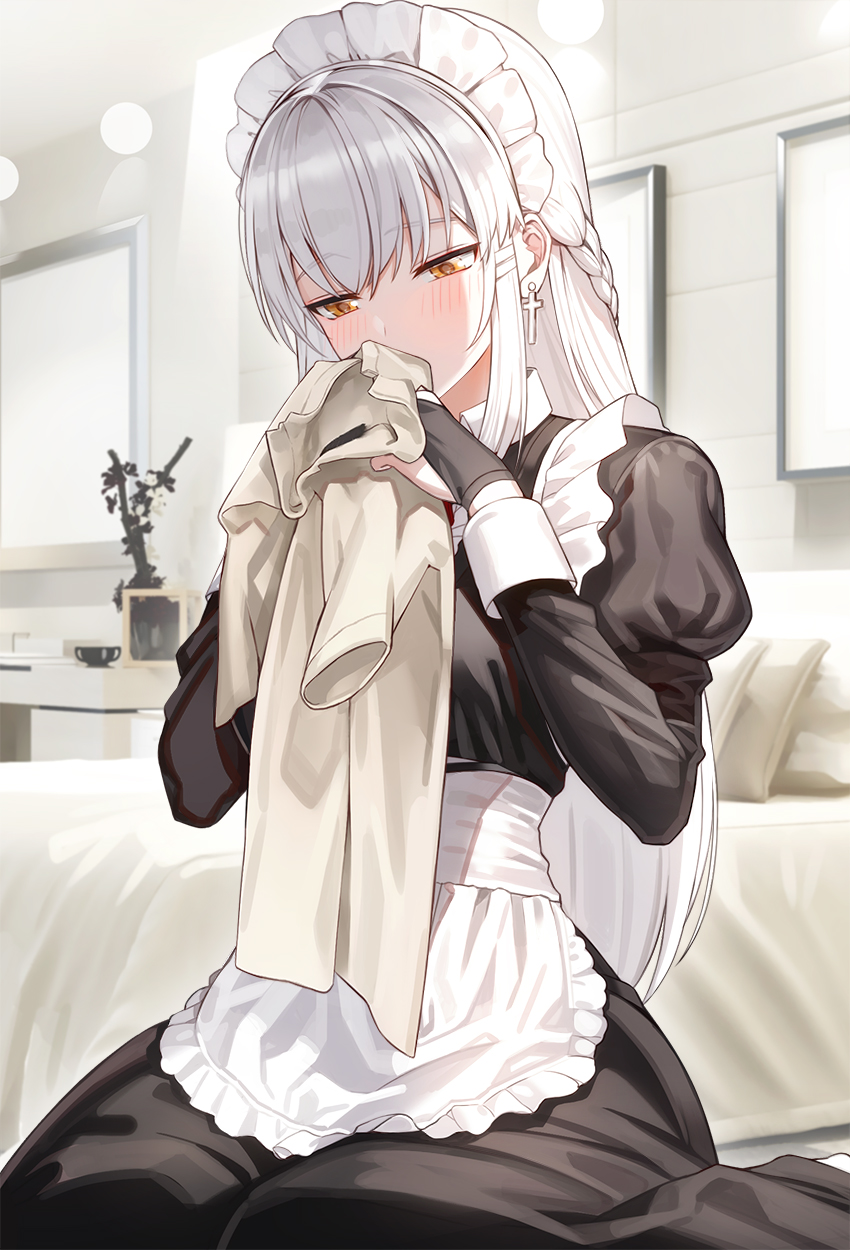 1girl apron bangs bed black_dress black_gloves blush braid commentary_request cross cup dress earrings eyebrows_visible_through_hair frame gloves highres holding holding_clothes holding_shirt jewelry kfr long_hair maid maid_apron maid_dress maid_headdress original partly_fingerless_gloves pillow shirt sidelocks sitting very_long_hair wariza white_hair yellow_eyes