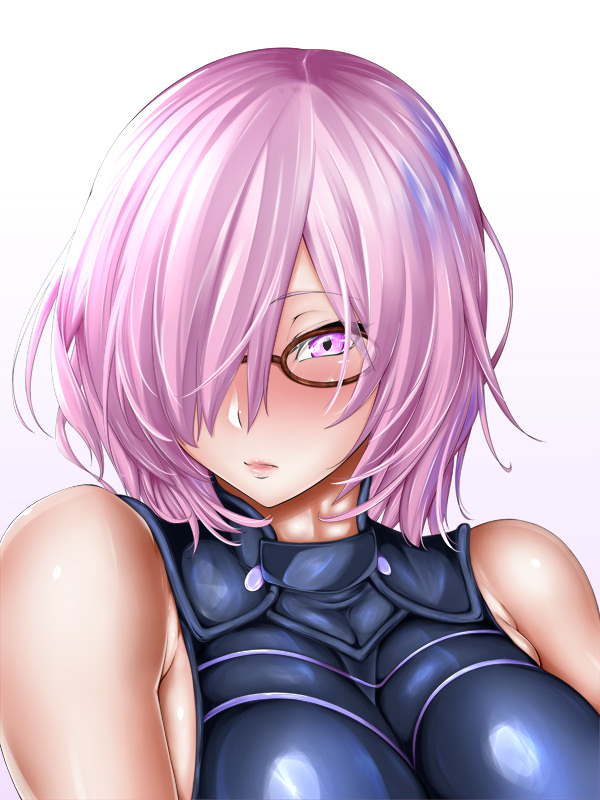 1girl bare_shoulders blush boobplate breastplate breasts brown-framed_eyewear closed_mouth fate/grand_order fate_(series) glasses hair_over_one_eye kurotama large_breasts looking_at_viewer mash_kyrielight one_eye_covered pink_eyes pink_hair round_eyewear short_hair solo upper_body