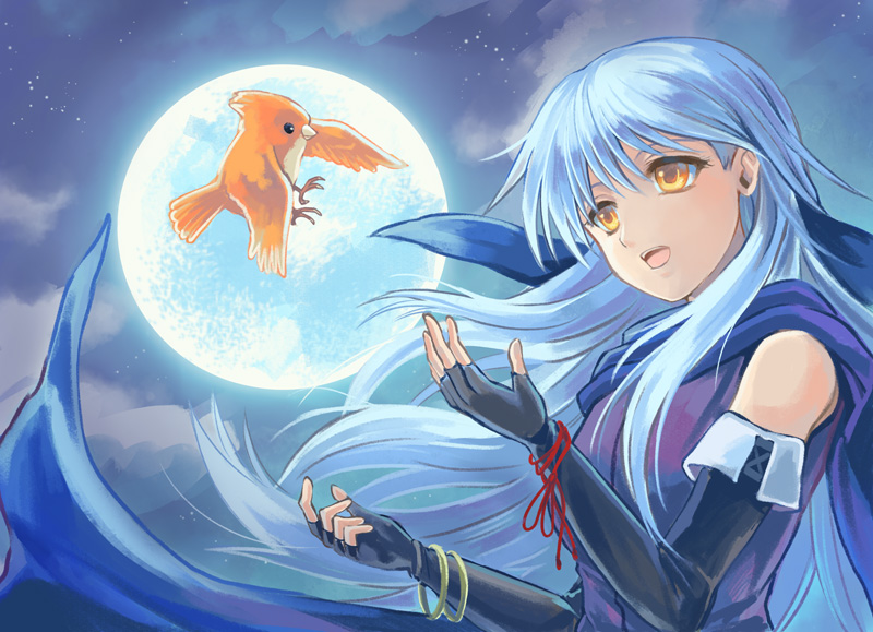 1girl 369akuru bangle bare_shoulders bird black_gloves blue_scarf bracelet clouds cloudy_sky dress elbow_gloves fingerless_gloves fire_emblem fire_emblem:_radiant_dawn gloves hair_ribbon half_updo jewelry long_hair micaiah_(fire_emblem) moon night night_sky open_mouth ribbon scarf silver_hair sky sleeveless sleeveless_dress upper_body yellow_eyes yune_(fire_emblem)