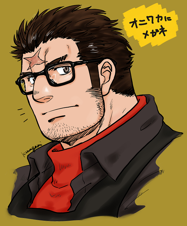 alternate_costume bara brown_eyes brown_hair casual face facial_hair forehead_scar glasses kumagamike looking_at_viewer male_focus manly oniwaka_(tokyo_houkago_summoners) portrait red_sweater sideburns solo stubble sweater thick_eyebrows tokyo_houkago_summoners translation_request upper_body