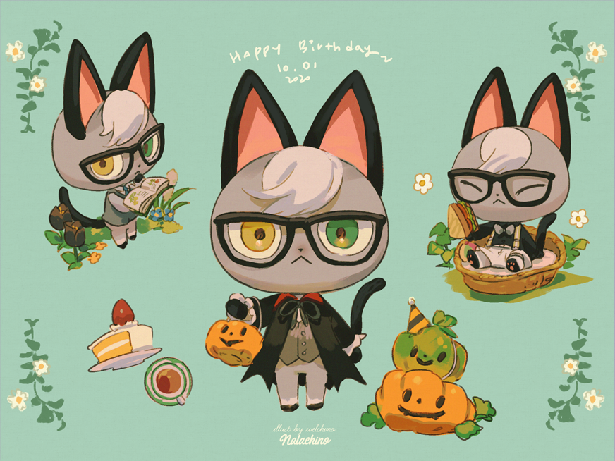 1boy :&lt; animal_ears artist_name black-framed_eyewear black_cloak black_flower black_neckwear black_shirt bow bowtie cat_boy cat_ears cat_tail character_sheet cloak closed_eyes cup dated doubutsu_no_mori dress_shirt eating flower food from_above green_background green_eyes green_neckwear grey_hair hand_on_own_chin happy_birthday hat heterochromia holding holding_food jack-o'-lantern jack_(doubutsu_no_mori) long_sleeves looking_at_viewer multiple_views necktie no_shoes party_hat paws plate reading sandwich shirt shorts sitting standing strawberry_shortcake suspenders symbol_commentary tail tea teacup waistcoat welchino white_shirt white_shorts yellow_eyes