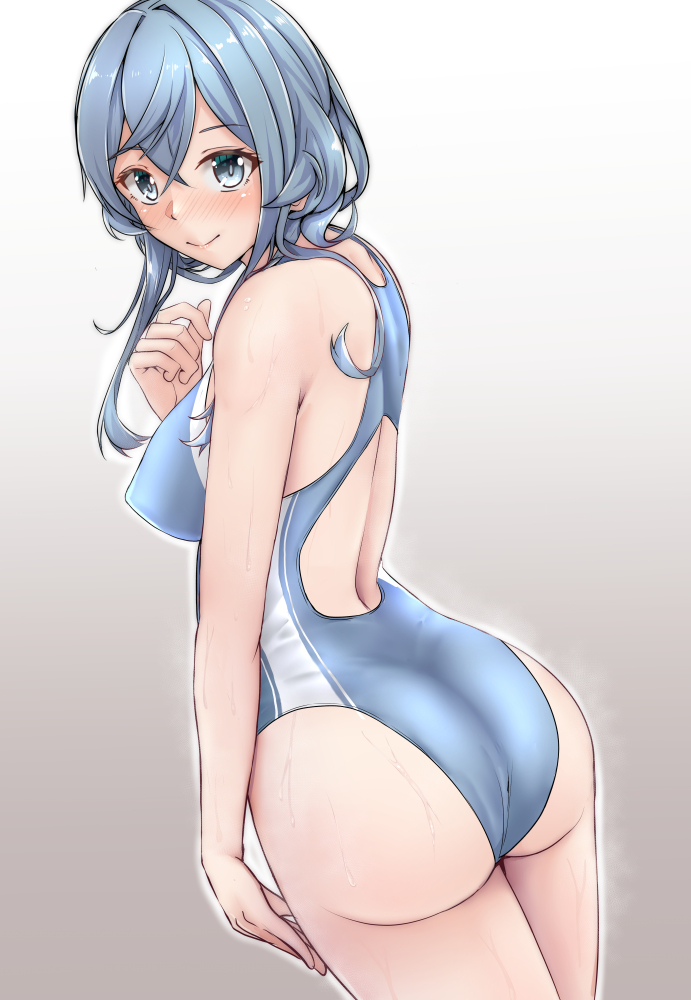 1girl ass back blue_eyes blue_hair blue_swimsuit breasts commentary_request competition_swimsuit cowboy_shot eyebrows_visible_through_hair from_behind gotland_(kantai_collection) gradient gradient_background grey_background hair_between_eyes kantai_collection large_breasts long_hair looking_at_viewer looking_back mole mole_under_eye one-piece_swimsuit shohei_(piranha5hk) sidelocks solo swimsuit