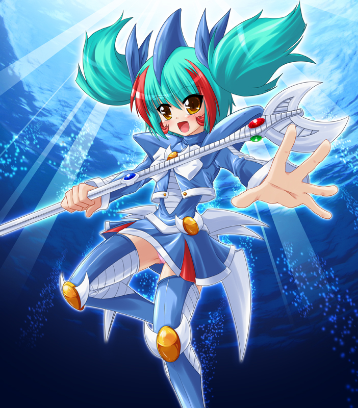 1girl :d aqua_hair armor blue_legwear blue_skirt breasts bunji duel_monster elemental_hero_ocean eyebrows_visible_through_hair feet_out_of_frame genderswap genderswap_(mtf) holding holding_polearm holding_weapon long_hair long_sleeves looking_at_viewer open_mouth polearm shoulder_armor skirt small_breasts smile solo thigh-highs twintails underwater weapon yellow_eyes yuu-gi-ou