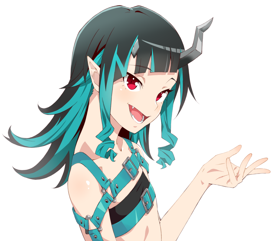 1girl akitetsu bangs belt beltbra black_hair blue_belt blue_hair chest_belt demon_girl demon_horns eyebrows_visible_through_hair fang flat_chest horns long_hair looking_at_viewer looking_to_the_side multicolored_hair no_jacket open_mouth pointy_ears red_eyes shishio_chris simple_background smile solo sugar_lyric transparent_background two-tone_hair upper_body virtual_youtuber