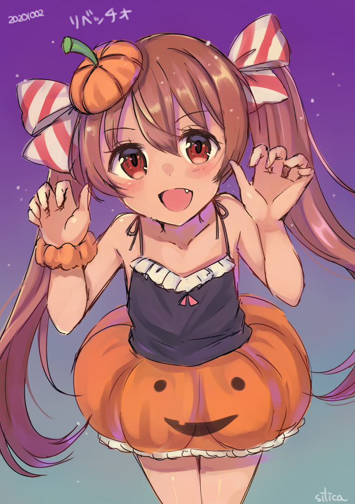 1girl black_tank_top brown_eyes brown_hair character_name commentary_request cowboy_shot curled_fingers dated halloween_costume hat jack-o'-lantern kantai_collection leaning_forward libeccio_(kantai_collection) long_hair looking_at_viewer mini_hat night night_sky orange_scrunchie pumpkin_skirt scrunchie silica_(silica_silylate) sky solo tan tank_top twintails wrist_scrunchie