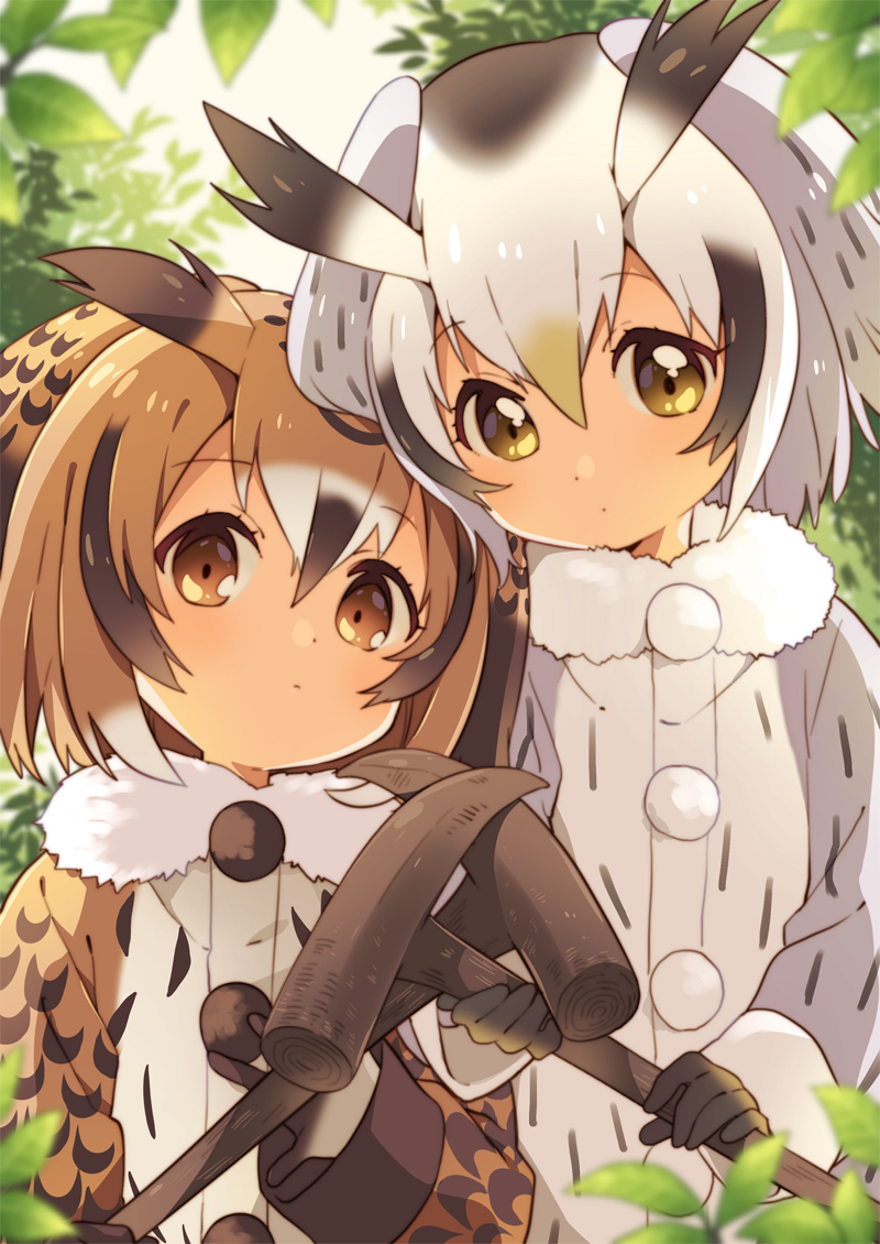 2girls bird_girl bird_wings black_gloves blonde_hair brown_coat brown_hair coat eurasian_eagle_owl_(kemono_friends) fur_collar gloves grey_coat grey_hair hair_between_eyes head_wings kemono_friends kemono_friends_3 long_sleeves multiple_girls namori northern_white-faced_owl_(kemono_friends) official_art owl_ears pickaxe short_hair white_background wings winter_clothes