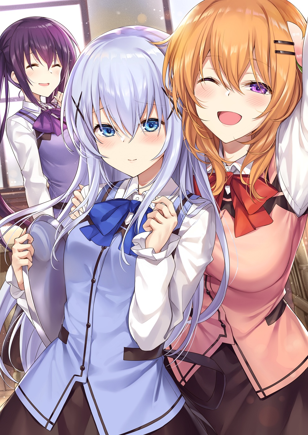 3girls ;d ^_^ arm_up bangs black_skirt blue_bow blue_eyes blue_neckwear blue_vest blush bow bowtie breasts closed_eyes commentary gochuumon_wa_usagi_desu_ka? hair_between_eyes hair_ornament hairclip hand_on_another's_shoulder highres holding holding_tray hoto_cocoa indoors kafuu_chino ks_(xephyrks) large_breasts long_hair long_sleeves looking_at_viewer multiple_girls older one_eye_closed open_mouth pink_vest purple_bow purple_neckwear purple_vest rabbit_house_uniform red_bow red_neckwear shirt short_hair skirt small_breasts smile tedeza_rize tray twintails vest violet_eyes white_shirt x_hair_ornament