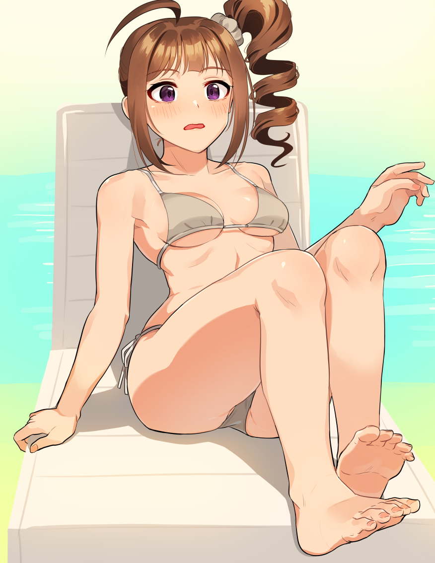 1girl ahoge bangs beach_chair bikini blush breasts brown_hair commentary drill_hair eyebrows_visible_through_hair feet frown grey_scrunchie hair_ornament hair_scrunchie idolmaster idolmaster_million_live! kamille_(vcx68) looking_at_viewer medium_breasts open_mouth pool scrunchie shadow short_hair side-tie_bikini side_drill side_ponytail sitting soles solo string_bikini swimsuit toes violet_eyes yokoyama_nao