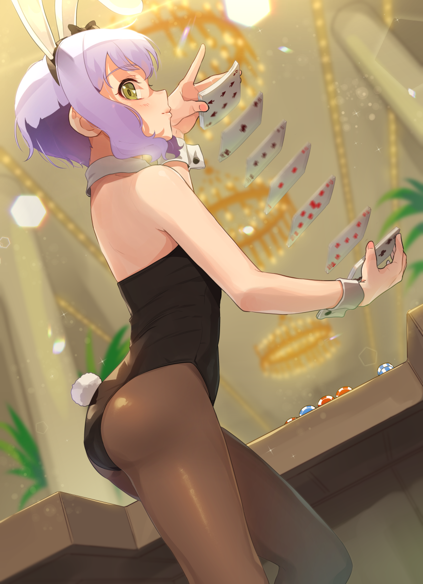 1girl animal_ears ass black_legwear black_leotard blurry blurry_background bunny_tail card casino casino_card_table closed_mouth collar commentary depth_of_field detached_collar dutch_angle fake_animal_ears fake_tail from_side idolmaster idolmaster_million_live! indoors kamille_(vcx68) leotard looking_at_viewer makabe_mizuki motion_blur pantyhose playboy_bunny playing_card poker_chip purple_hair rabbit_ears short_hair shuffling_cards sidelocks smile solo standing strapless strapless_leotard tail thighs white_collar wrist_cuffs yellow_eyes